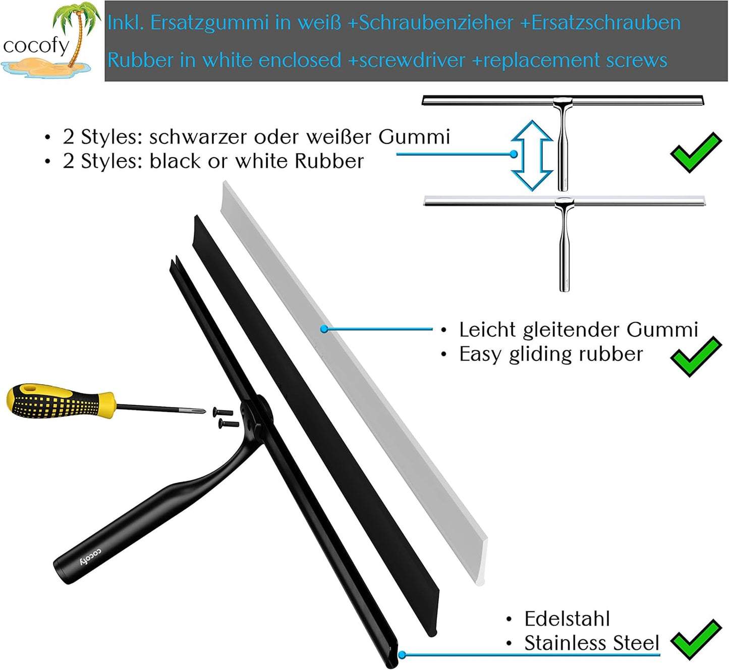 Duschabzieher XXL 45 cm ohne Bohren mit Zubehör, Mattschwarz 45 cm breit