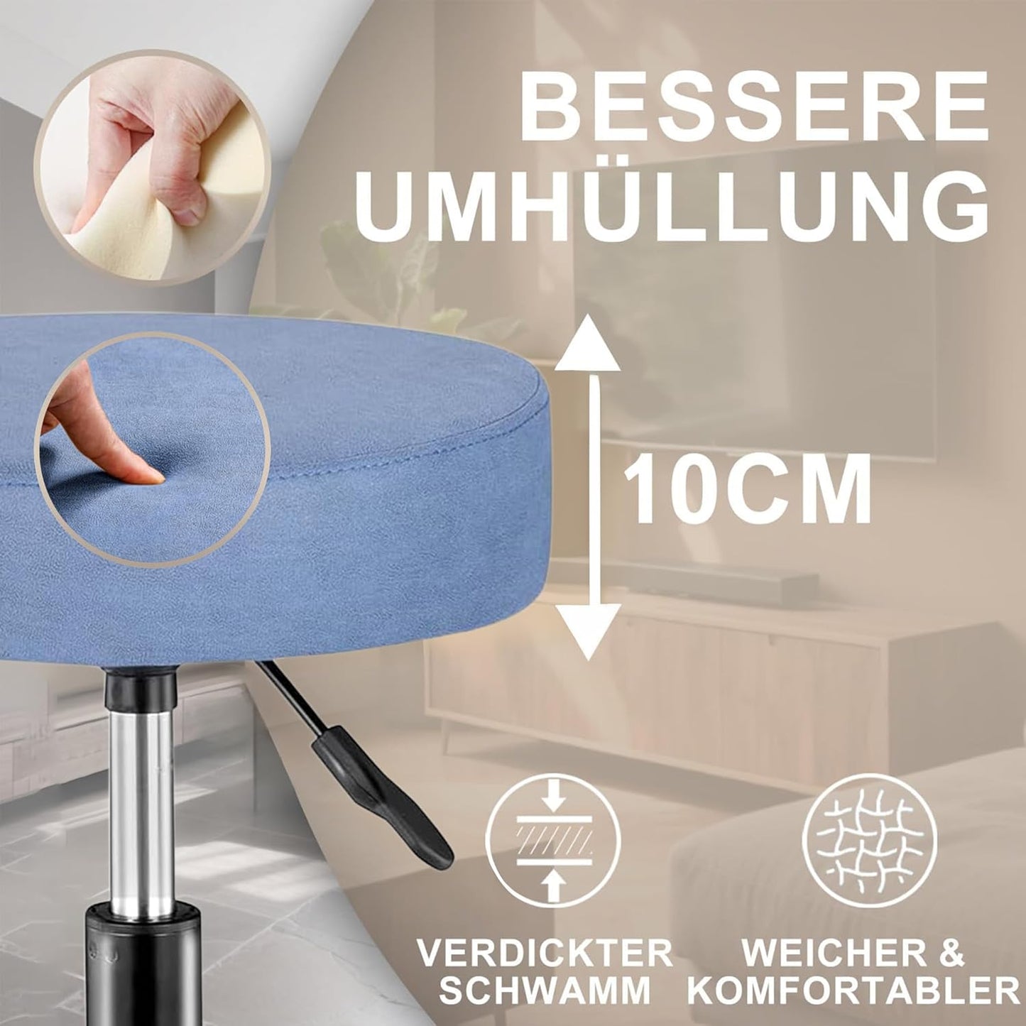 Höhenverstellbarer Rollhocker mit Gummirollen, 360° drehbar, Nordisches Blau