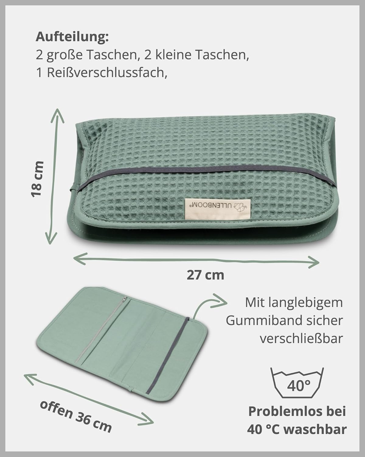 Windeltasche für unterwegs, Salbeigrün 18 x 27 cm