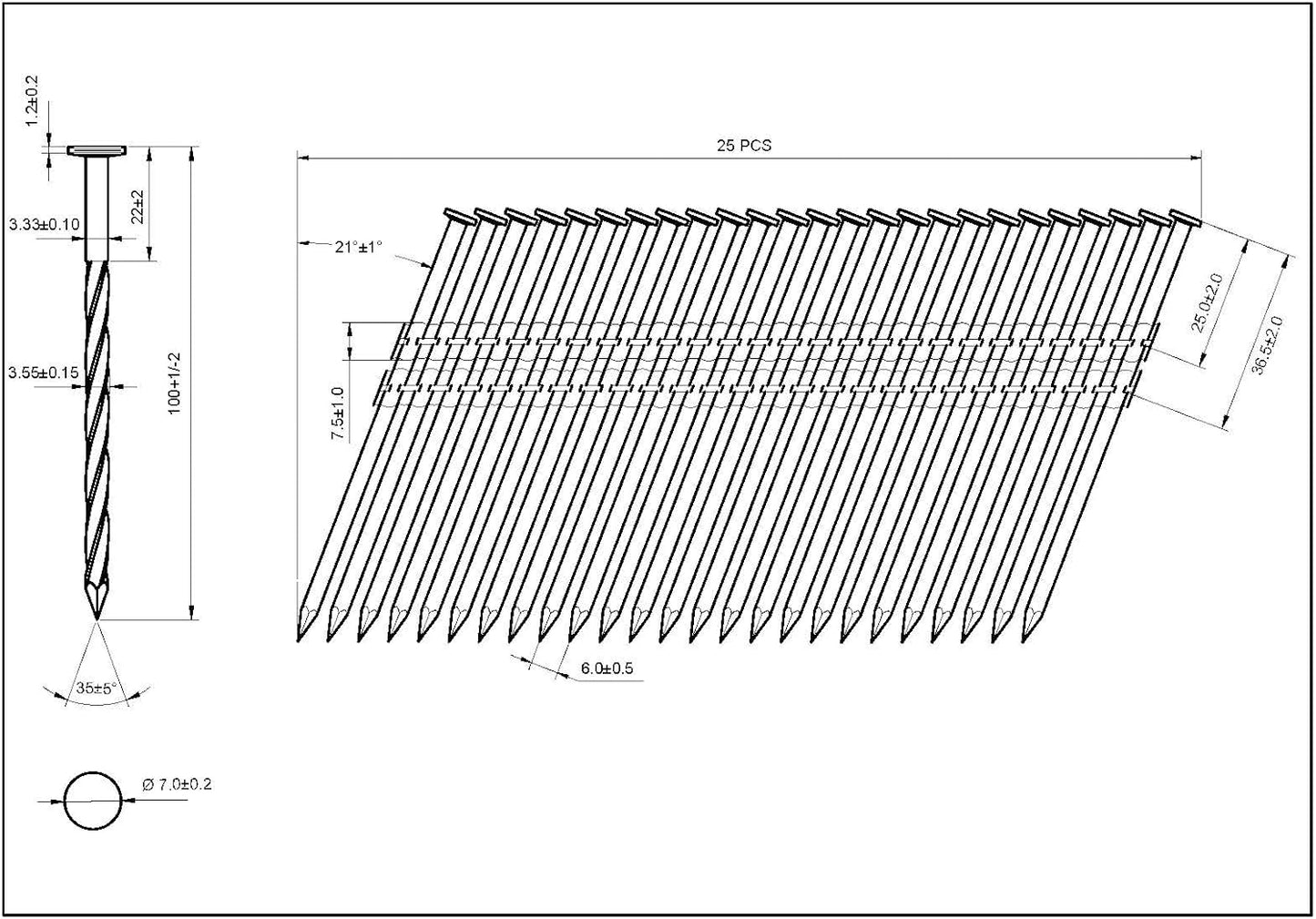 21° Rundkopf Streifennägel für Druckluft-Nagler, 2.500 Stk., Verzinkt/Schraub 3,4X100mm