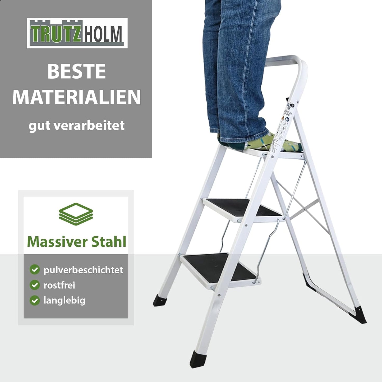 Klapptritt mit 3 Stufen und Sicherheitsverriegelung, 3 Stufen Weiss