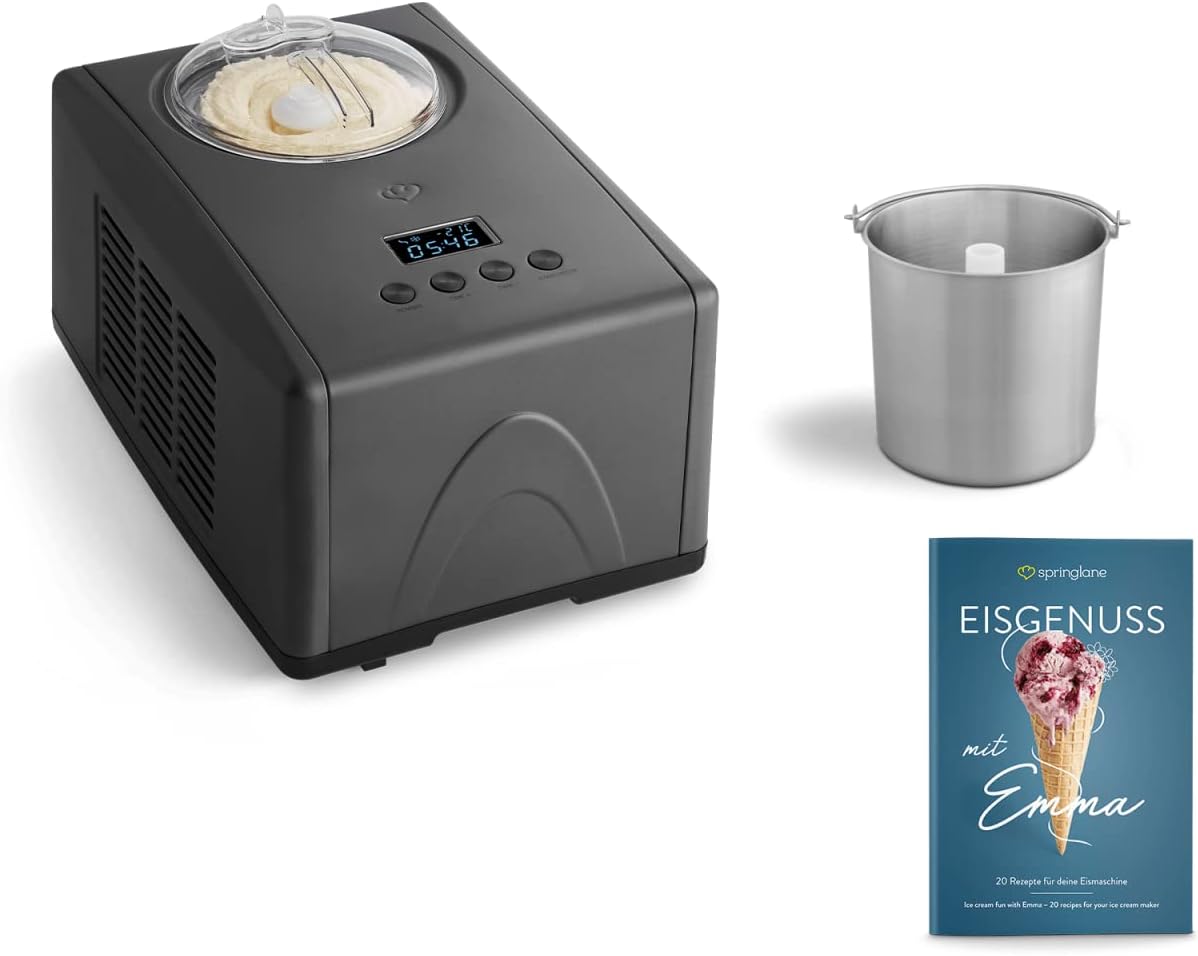 Eismaschine Emma mit Kompressor und Rezeptheft, Anthrazit, Eismaschine + Zusatzbehälter Edelstahl