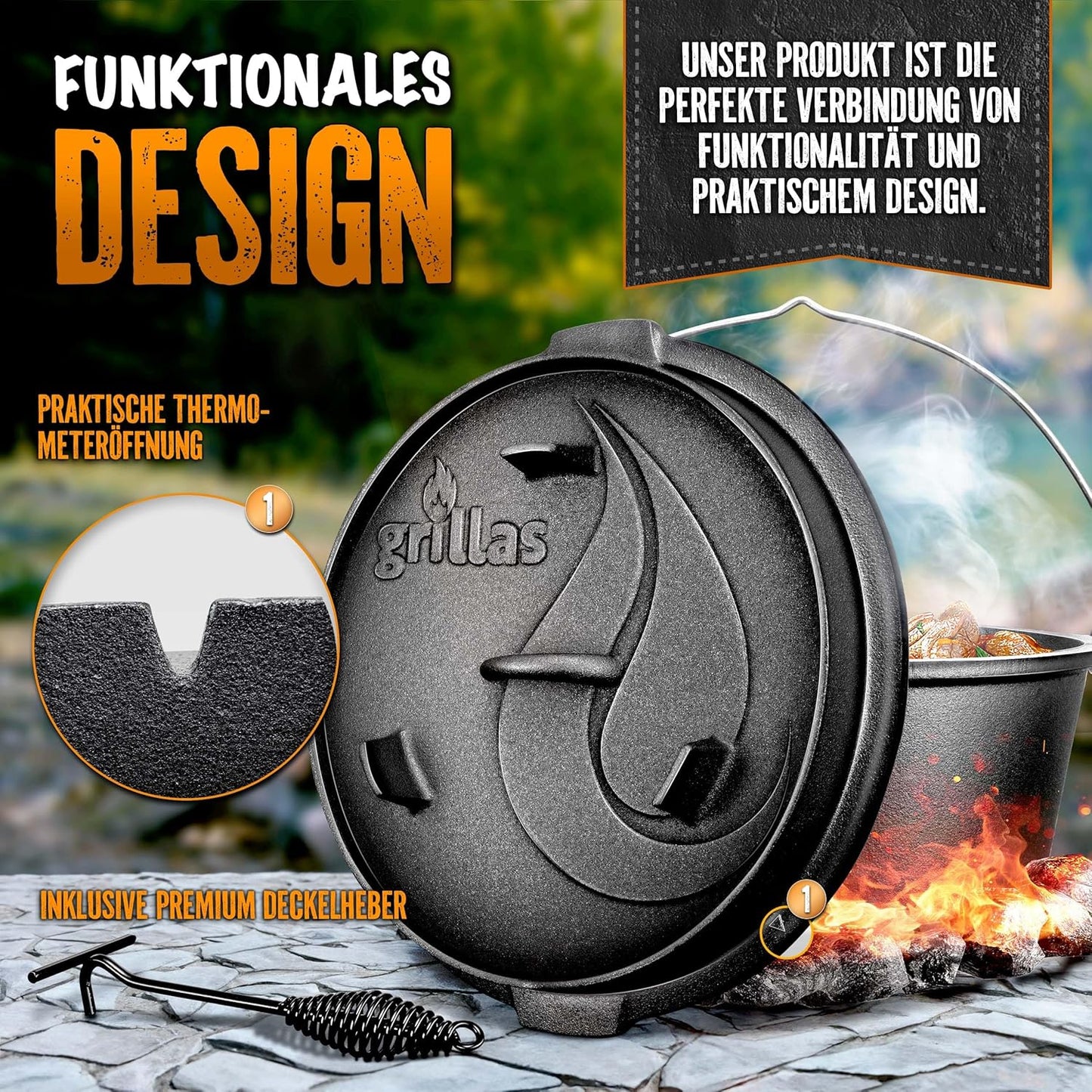 Dutch Oven Set, Topf mit Füsse 9 Liter / 9 QT
