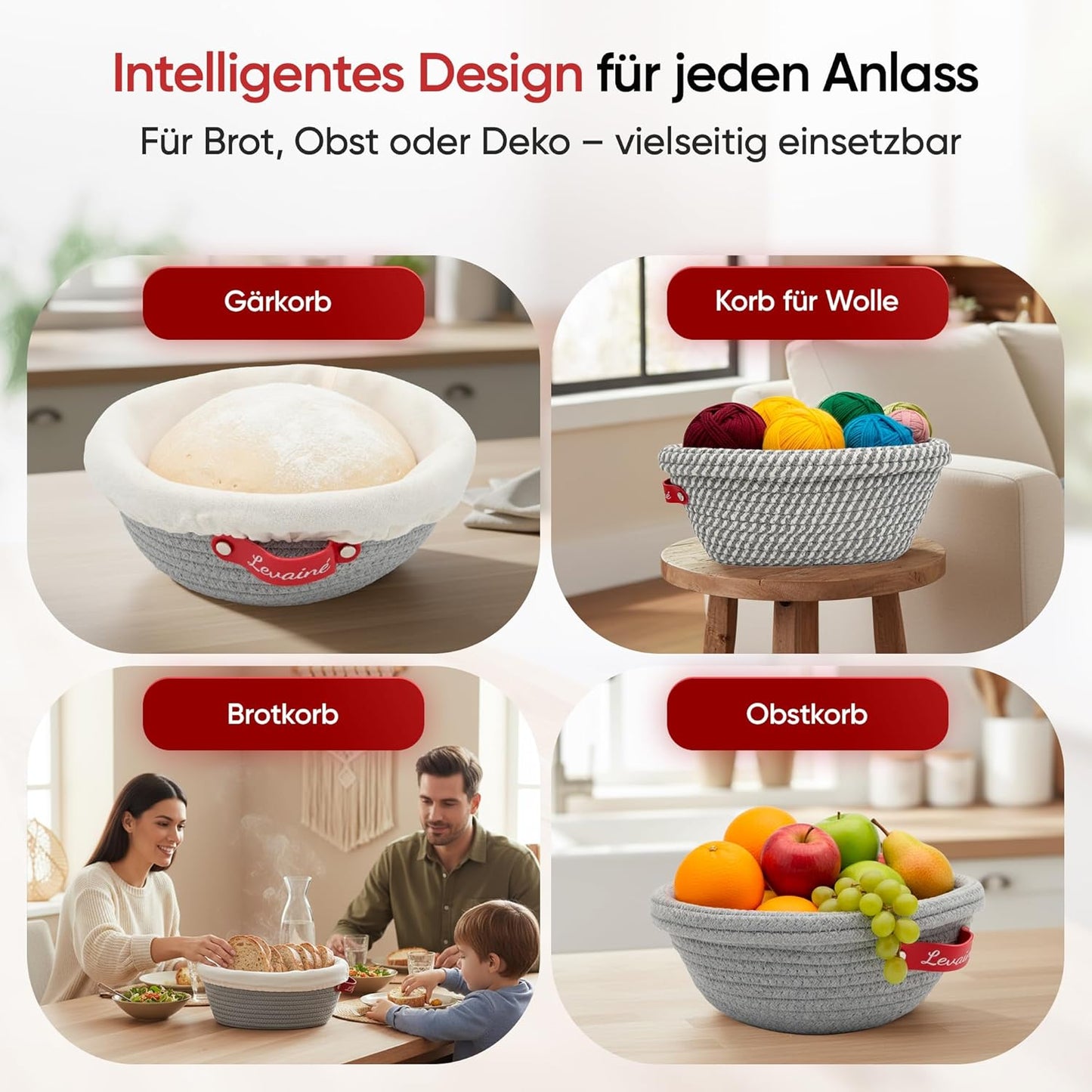 Gärkörbchen-Set für Brotbacken, Grau (Rund) + Grau/Weiss (Oval)