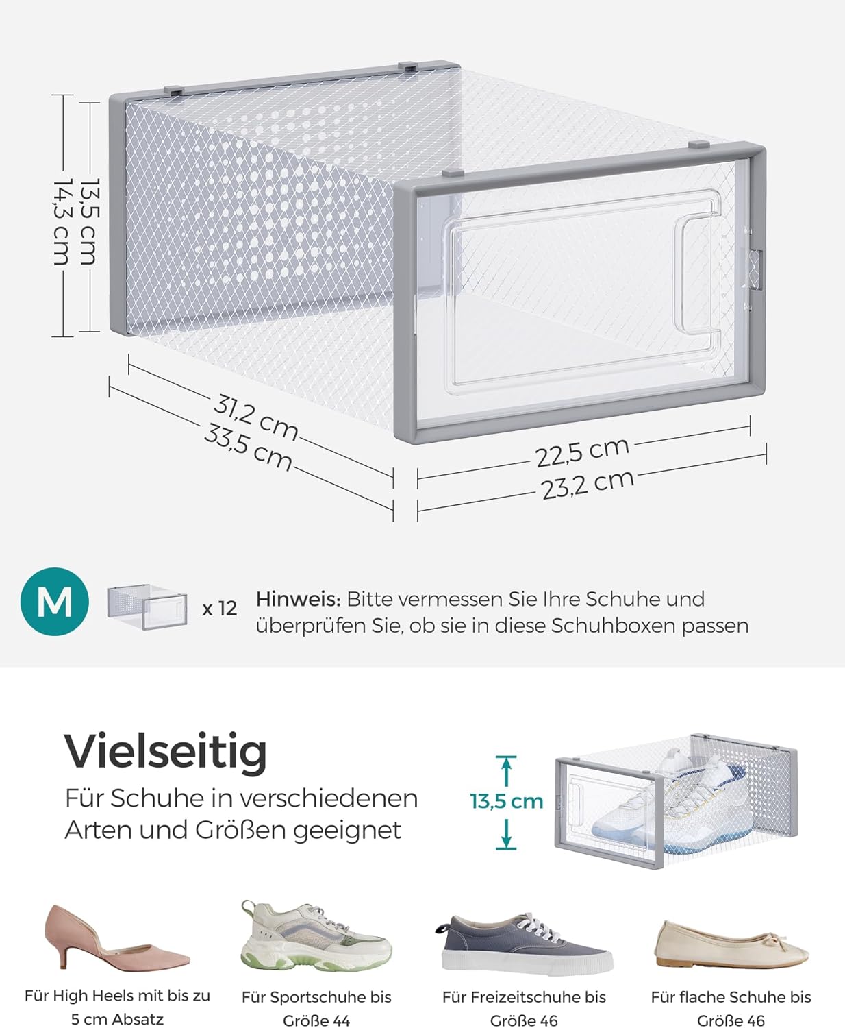 18-teiliges Schuh-Organizer-Set, Transparent + Grau 18er Set für Schuhe bis Größe 44