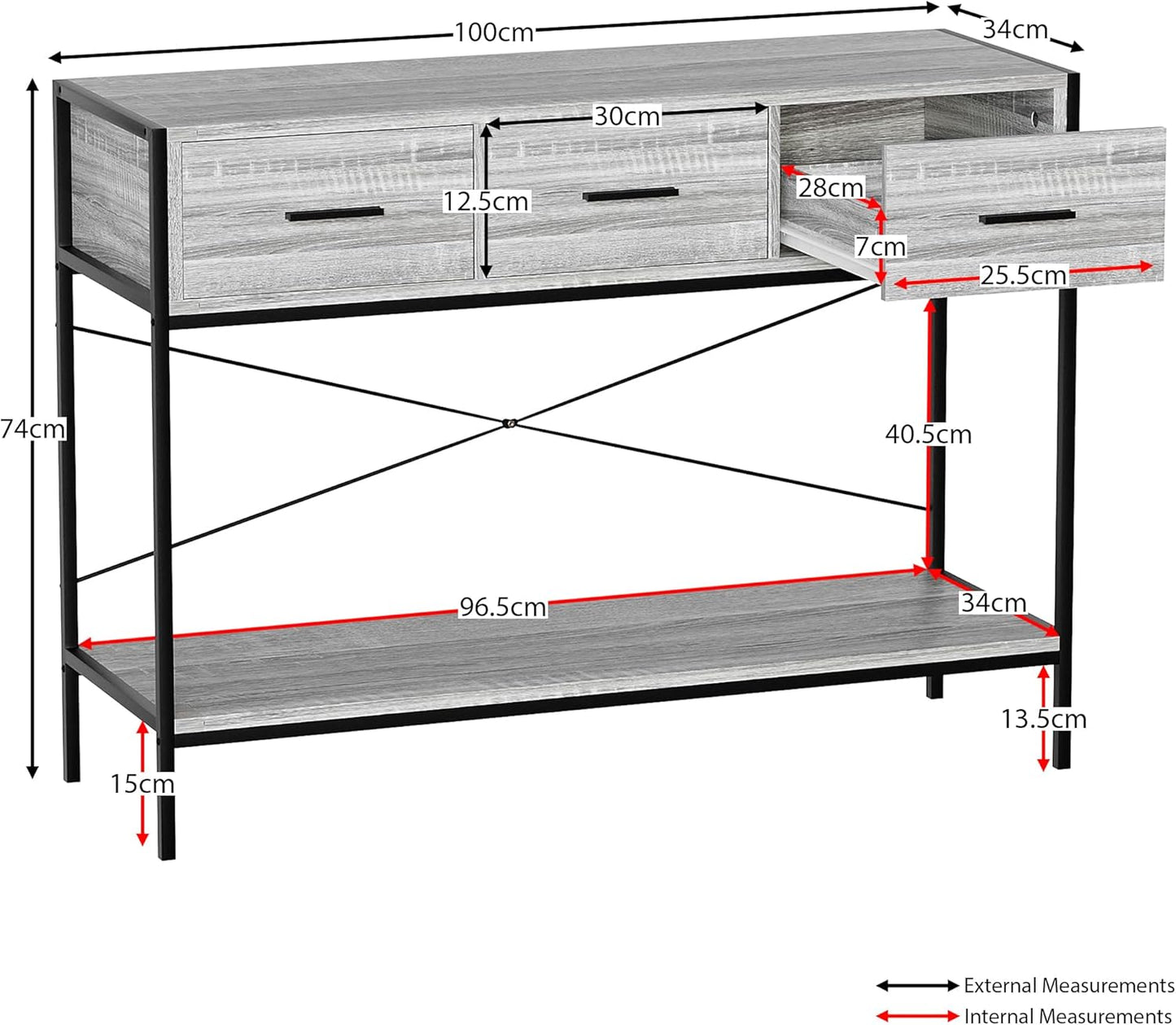 Brooklyn Konsolentisch mit 3 Schubladen, Grau, 3 Drawer