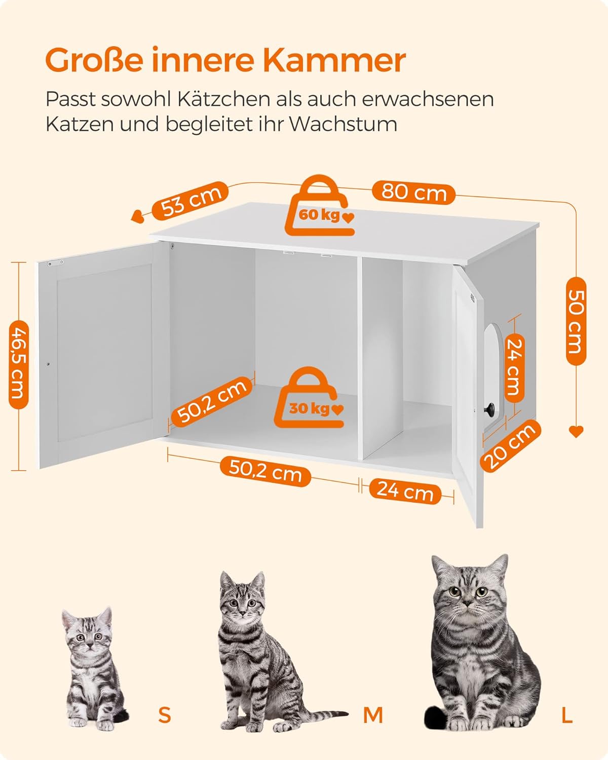 Katzenhaus mit Trennwand für Katzentoilette, 53T x 80B cm Weiss