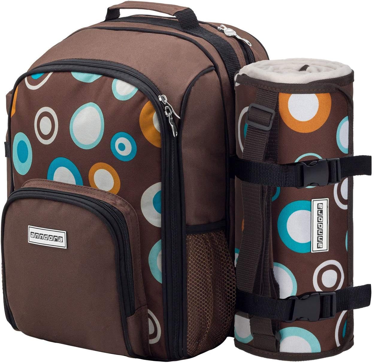 15-teiliges Picknickrucksack-Set für 2 Personen, Braun Bunte Kreise - Set