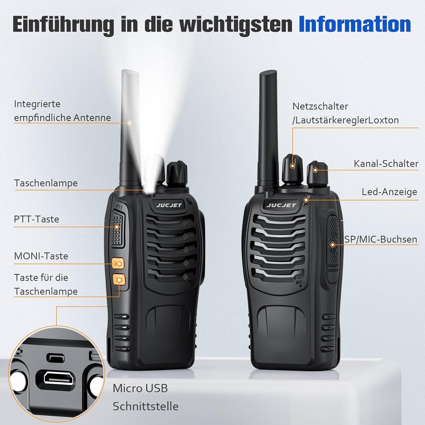 88E Walkie Talkie mit Taschenlampe, 2 Stück