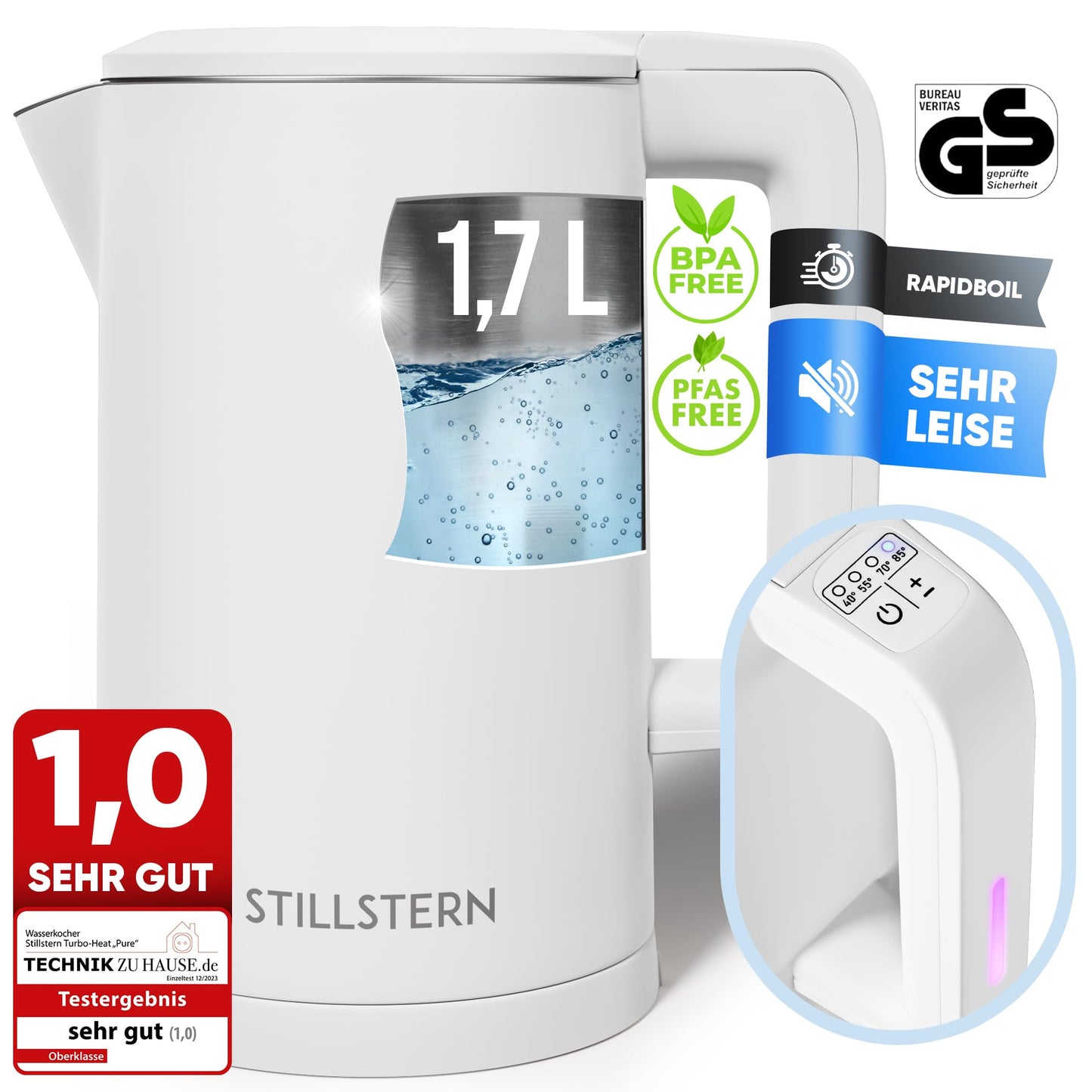 Wasserkocher mit Temperatureinstellung und Warmhaltefunktion, Weiss