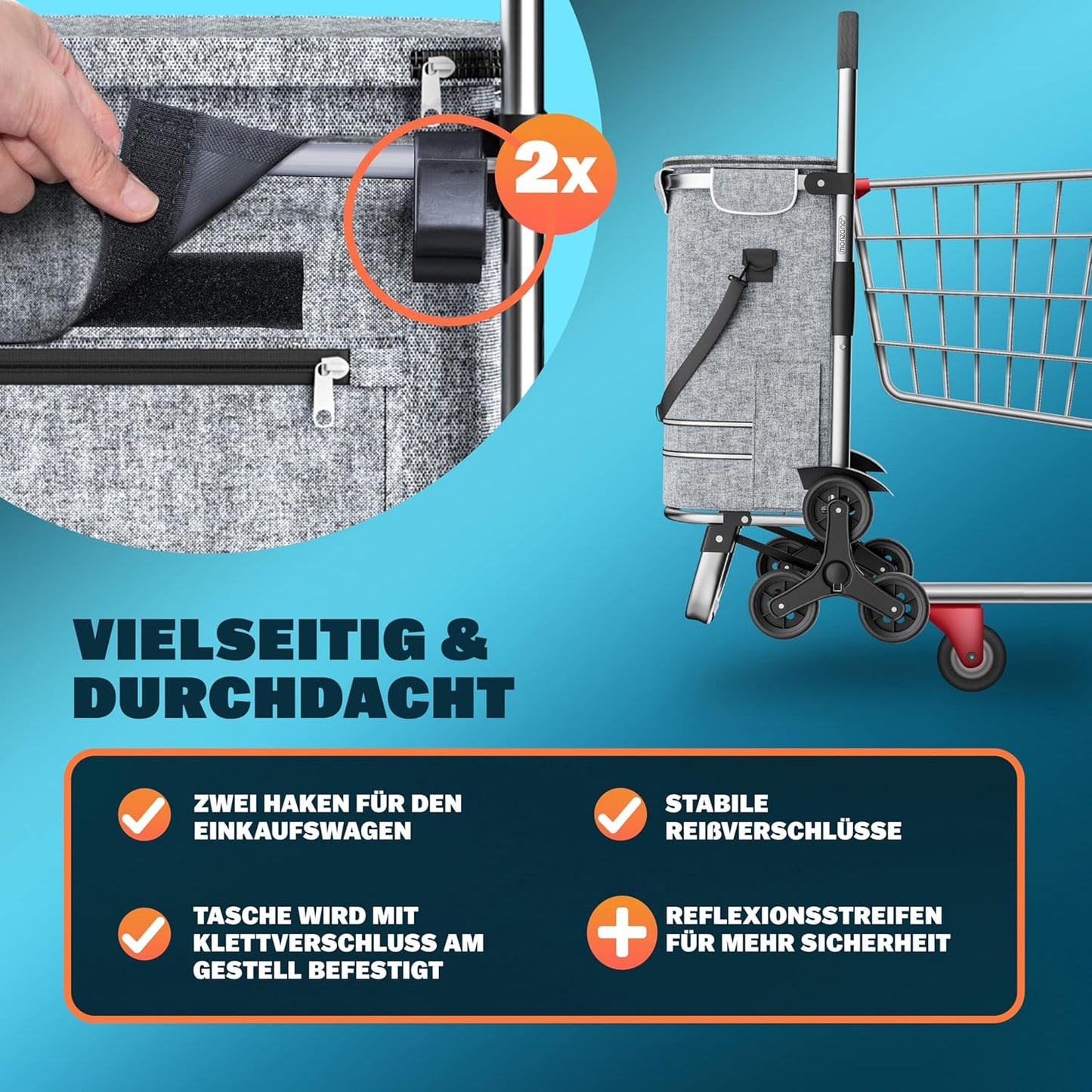 3in1 Einkaufstrolley mit Treppensteiger-Funktion, Grau