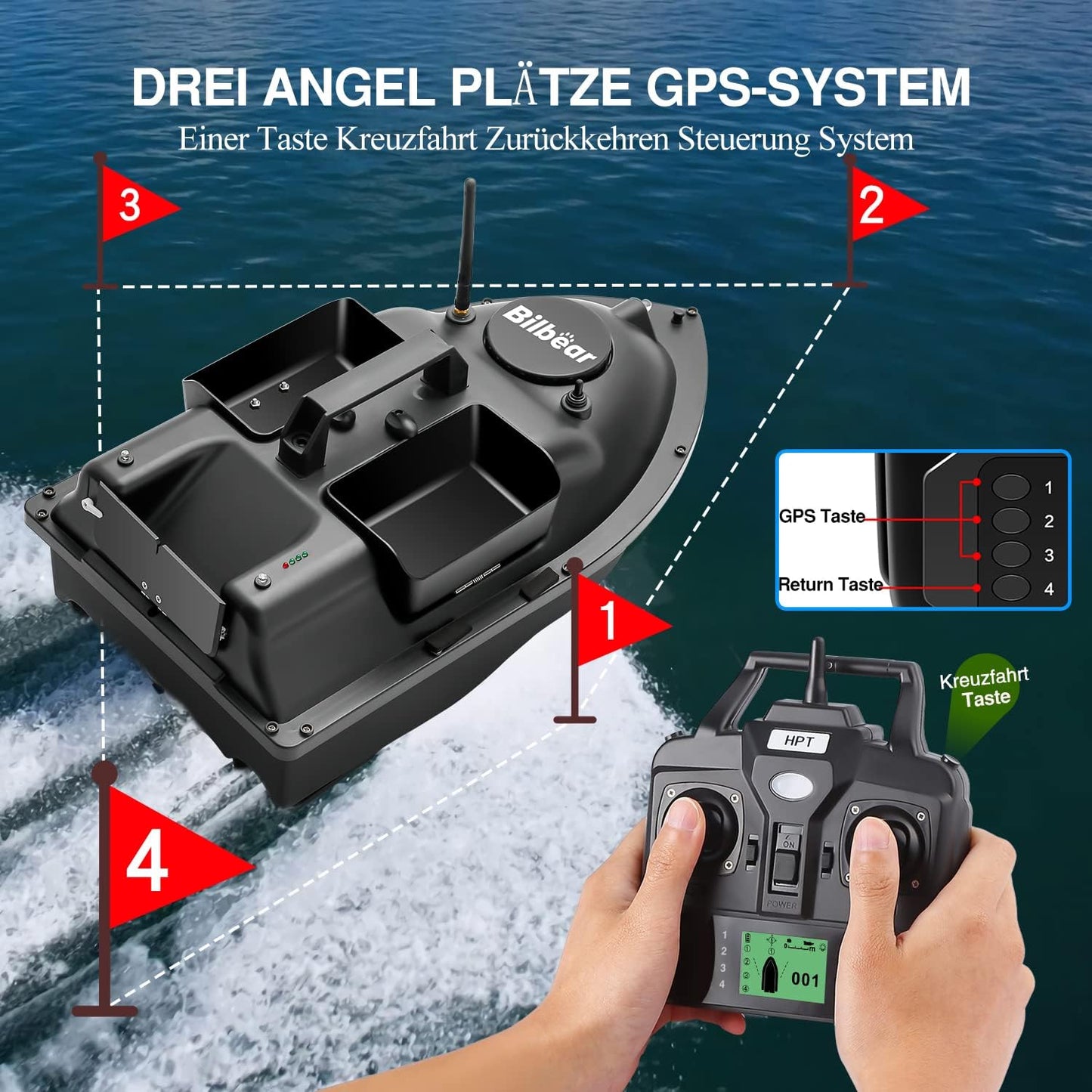 GPS Futterboot mit 3 Köderbehältern – Angelboot fürs Karpfenfischen, Schwarz Boot