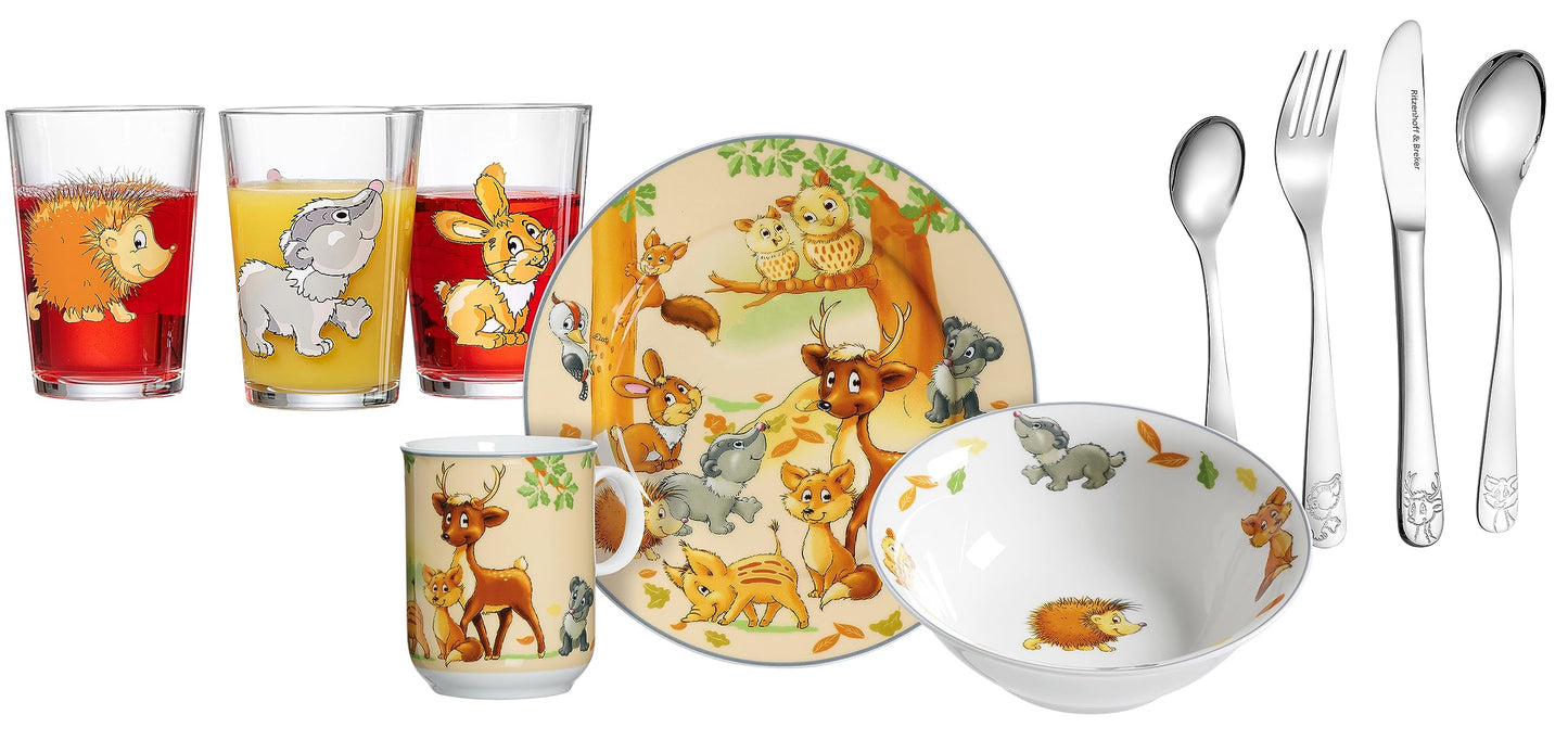 Kindergeschirr-Set Waldtiere (10-teilig) mit Besteck und Gläsern