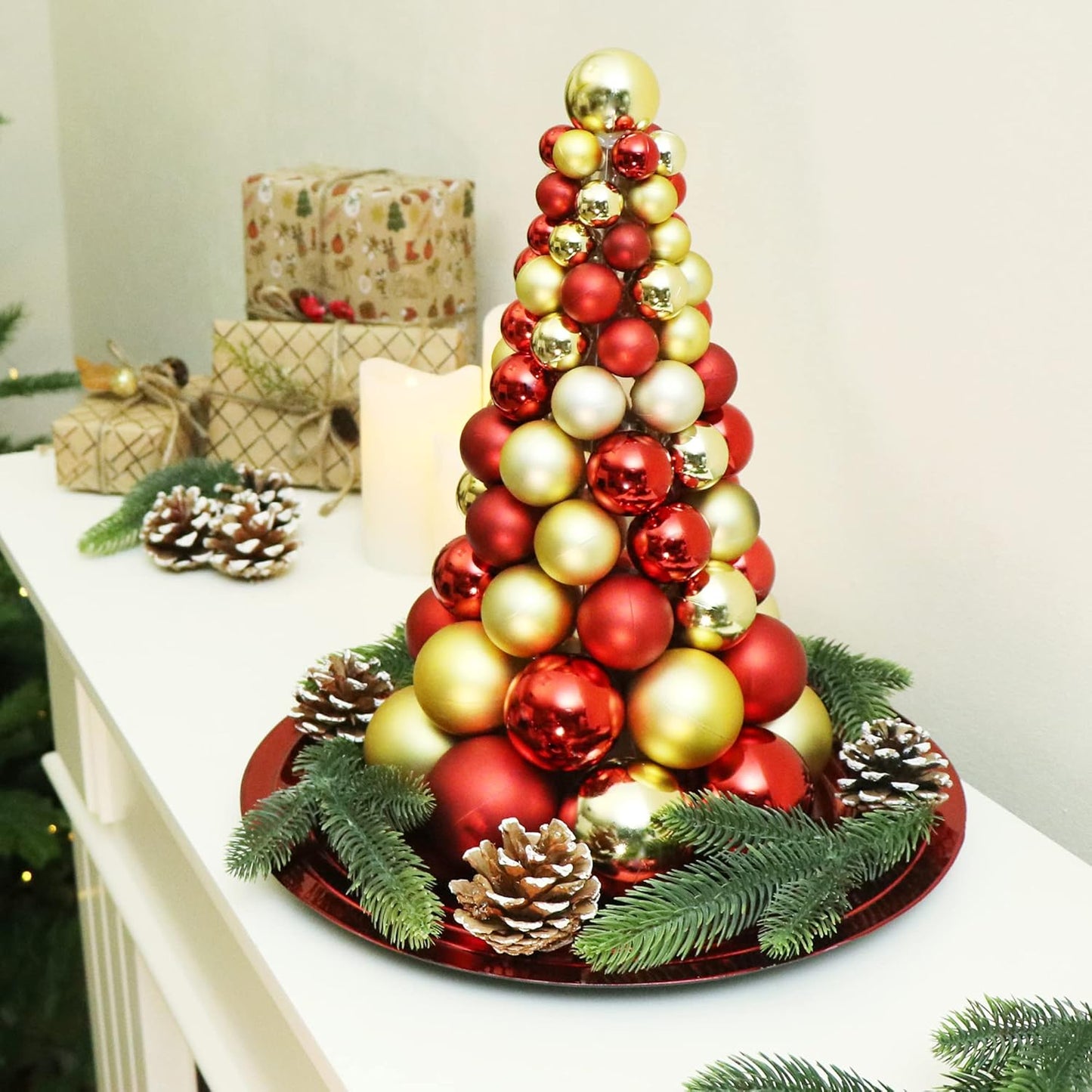 Künstlicher Weihnachtsbaum mit Christbaumkugeln, 01 Stück - 30cm - Goldfarben/Rot