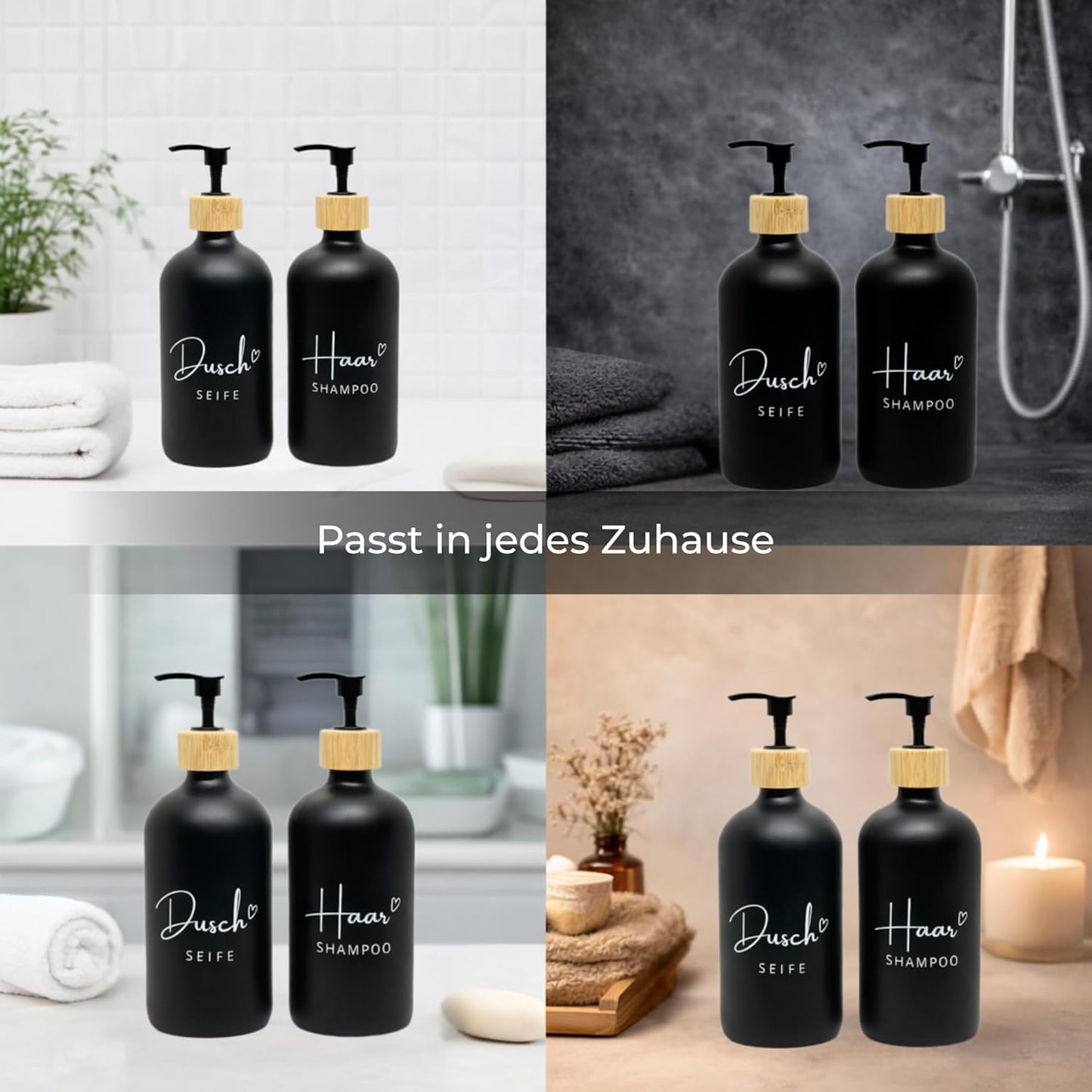 2er-Set Seifenspender für Duschseife & Haarshampoo, Schwarz Duschseife & Haarshampoo – Bambus Pump