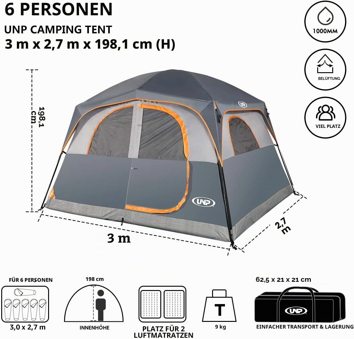 6-Personen Familienzelt, Grau
