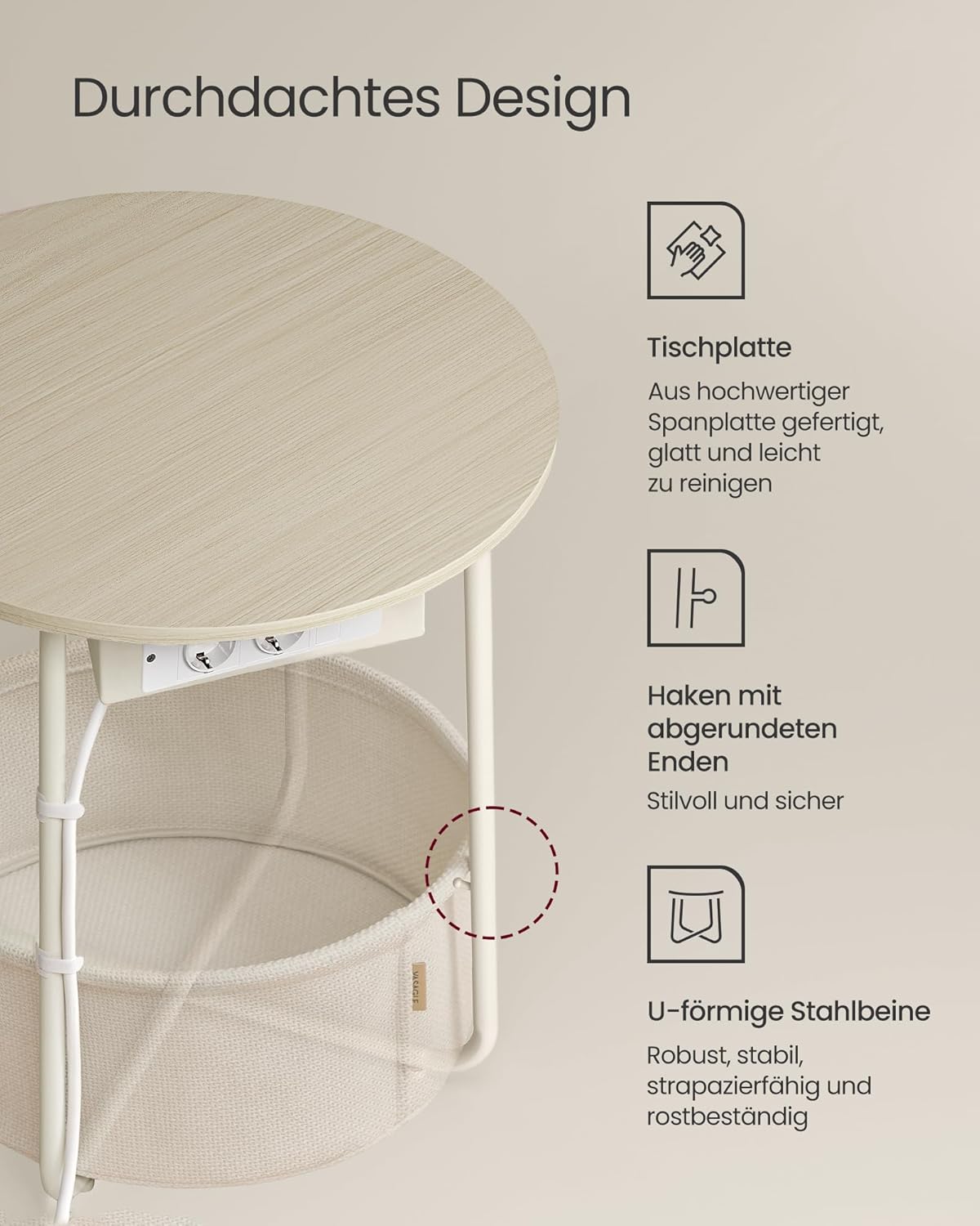 Runder Beistelltisch mit Steckdose und Stauraum, Naturbeige + Cremeweiss
