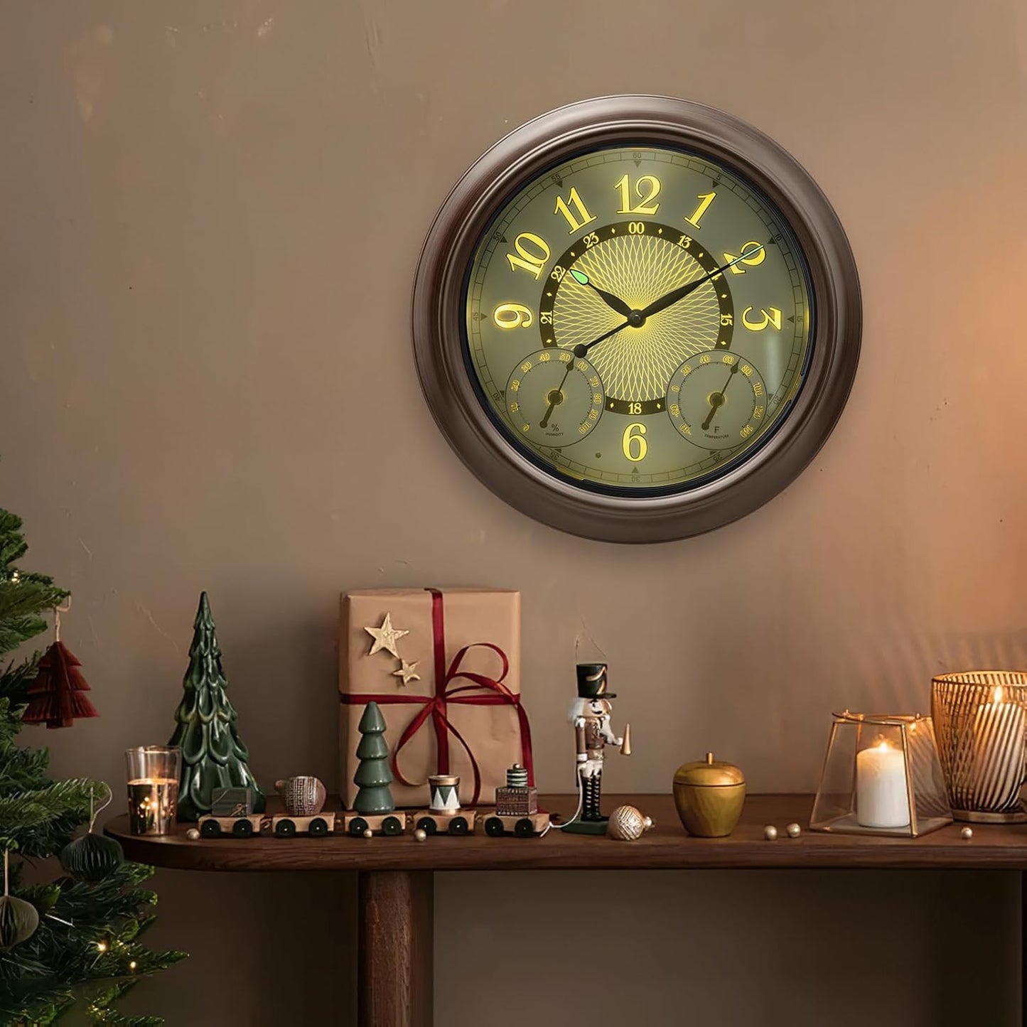 Beleuchtete Outdoor-Gartenuhr mit Thermometer & Hygrometer, Ölgeriebene Bronze 45cm