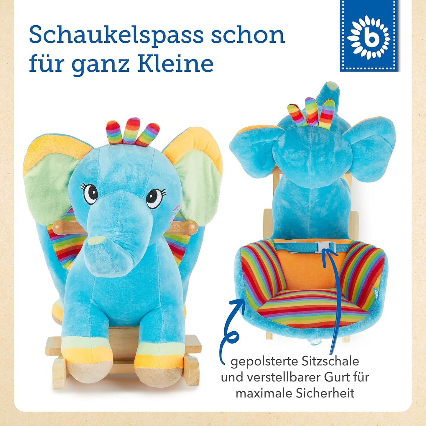 Plüsch-Schaukeltier Elefant, Mehrfarbig