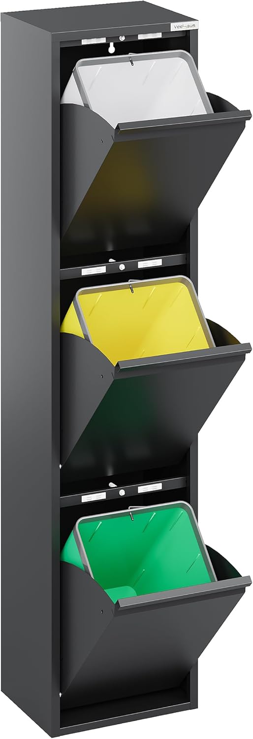 Küchenabfalleimer mit Edelstahlklappen (45 L), Schwarz 3 X 15 L