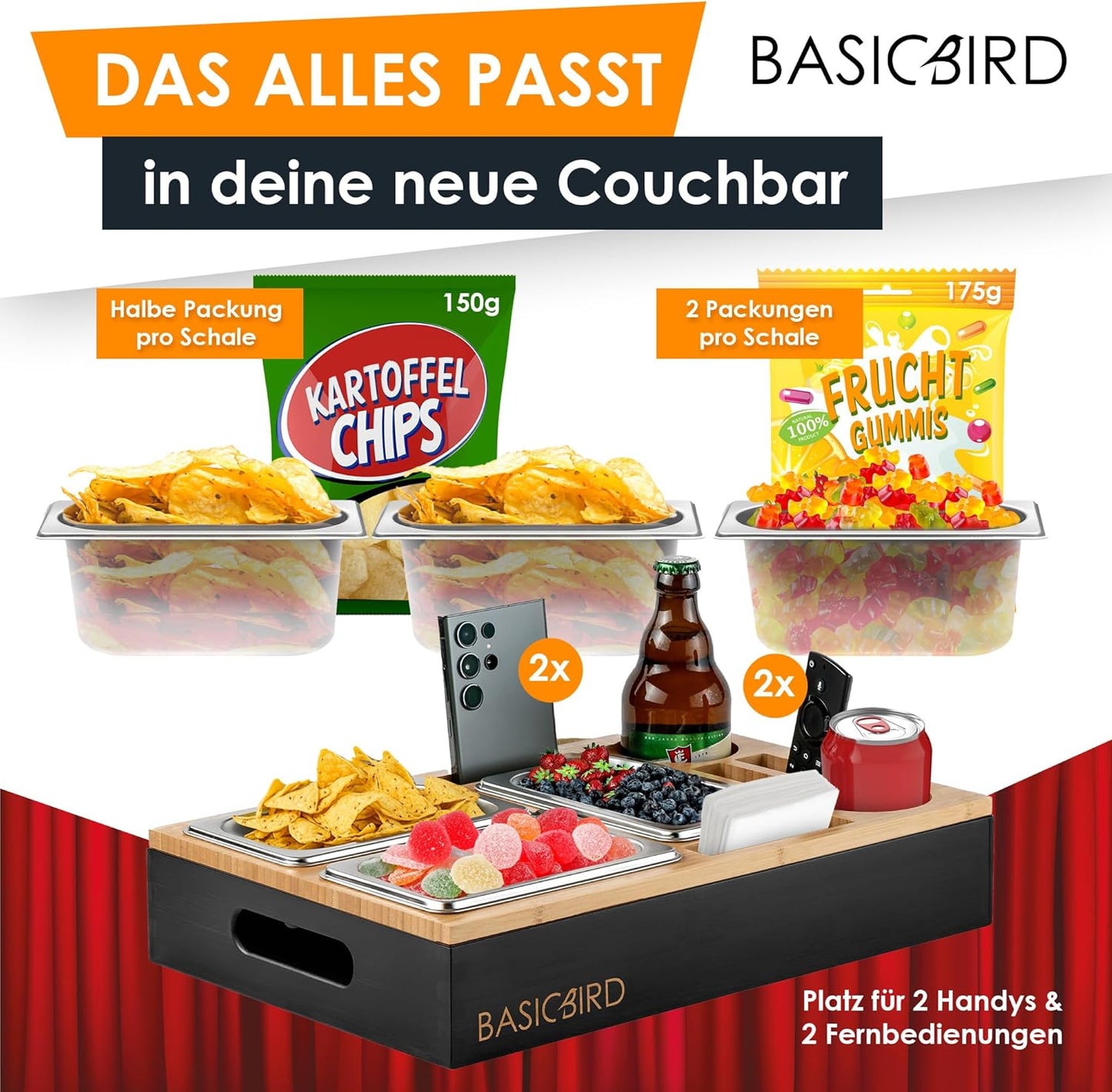 Couchbar mit Snackschalen und Getränkehalter, Black Body