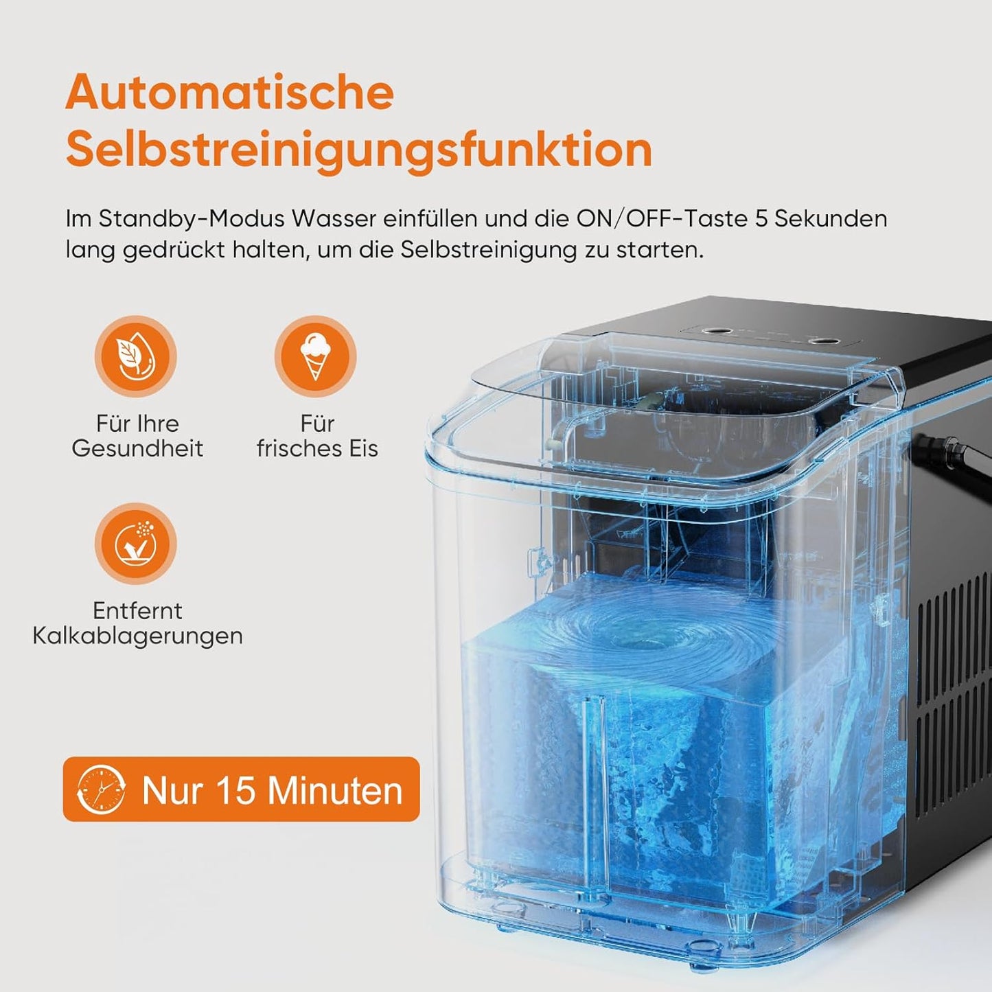 Eiswürfelmaschine mit Tragegriff, selbstreinigend, Schwarz