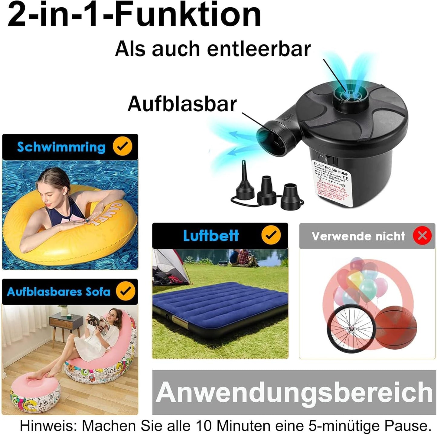 Elektrische 2-in-1 Luftpumpe, Pumpe Haus + Auto