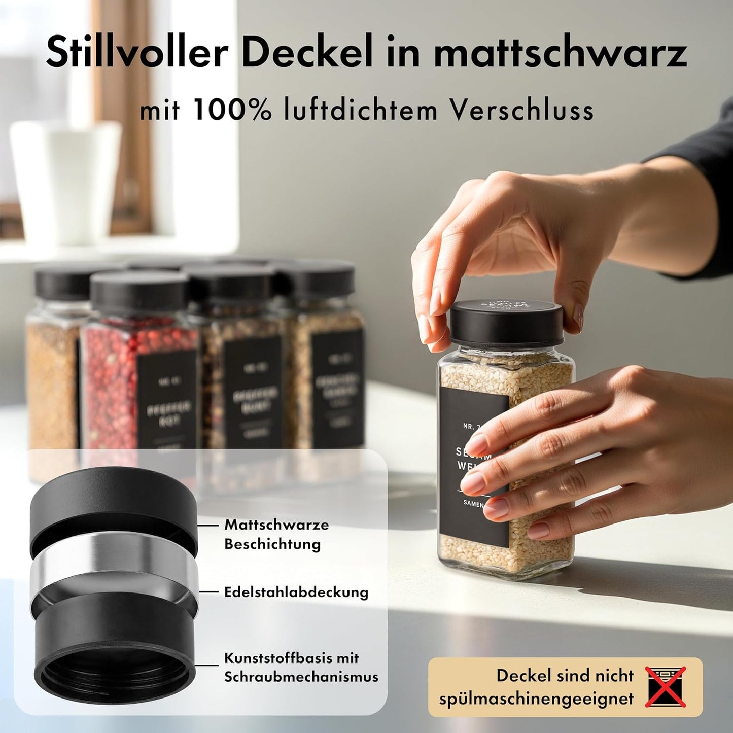24-teiliges Gewürzgläser-Set mit Streueinsatz, Schwarzer Edelstahl Deckel