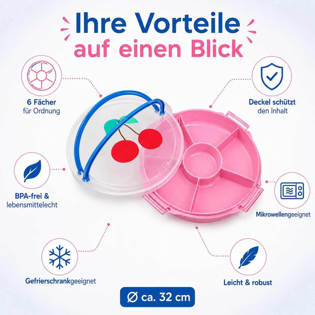 Snackbox mit Fächern und Deckel für Obst und Dips, Kirsche