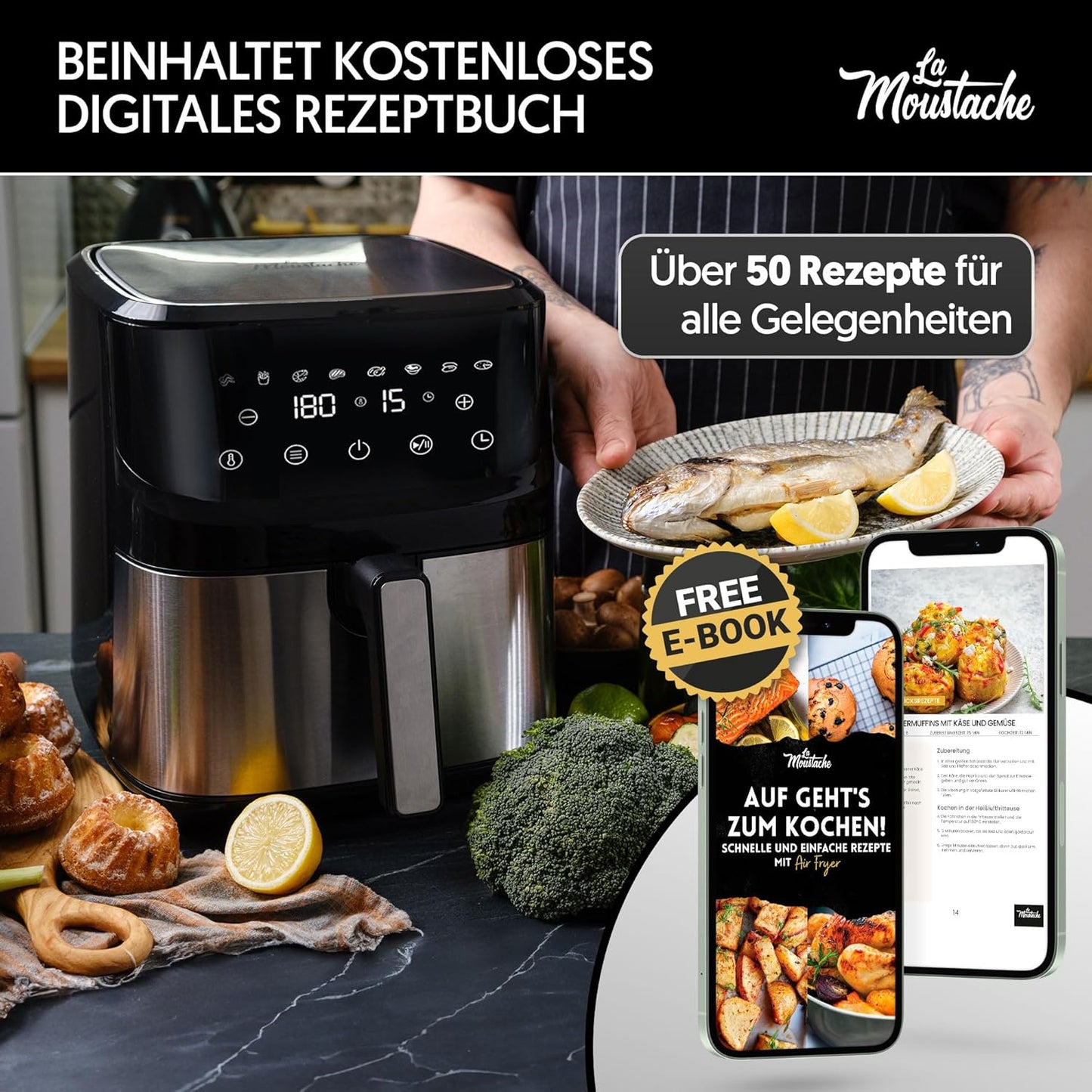Heissluftfritteuse XL mit 6 Kochfunktionen (6,5L), 6,5L Grau - Essential Plus