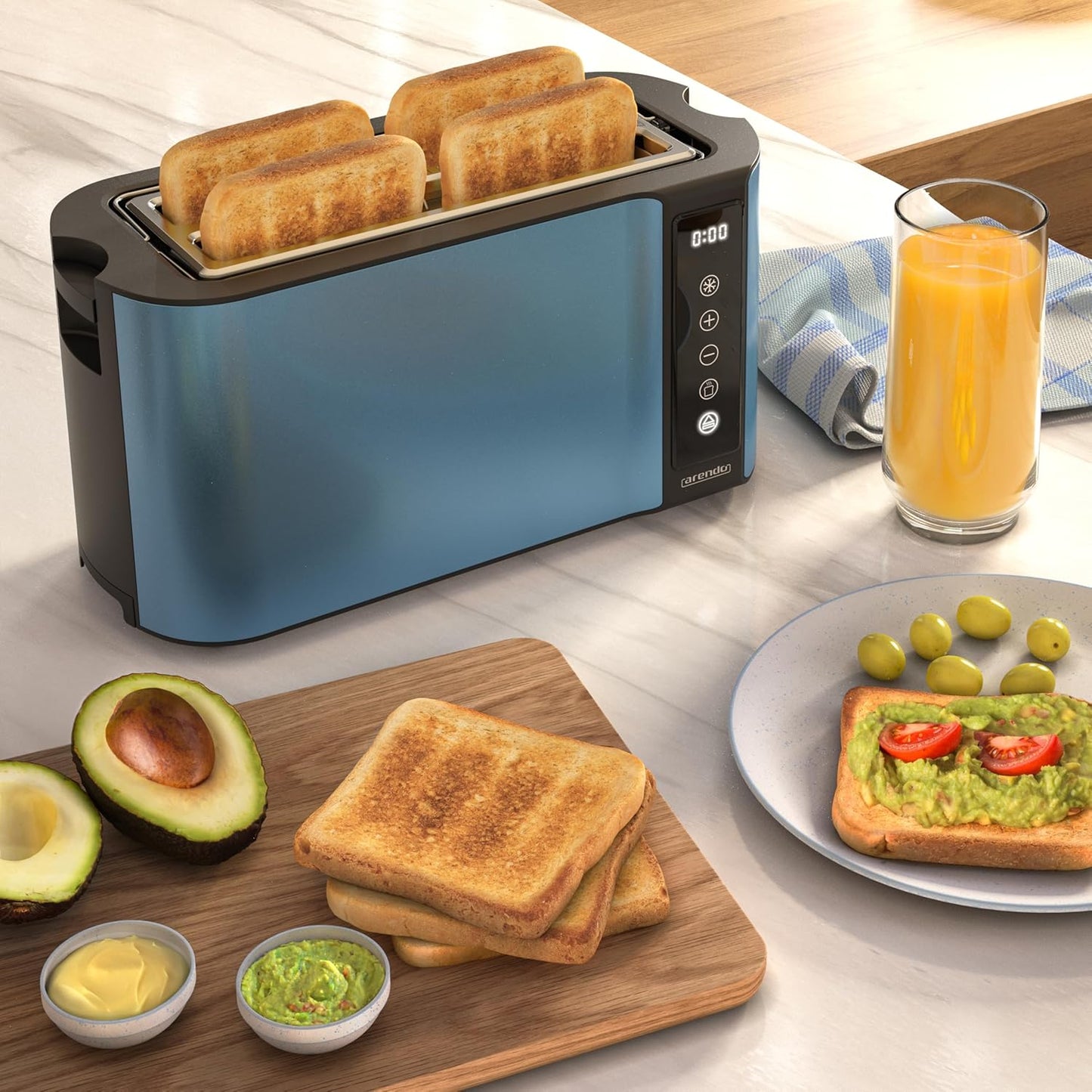 Edelstahl Langschlitztoaster mit Touchscreen, D: Blau