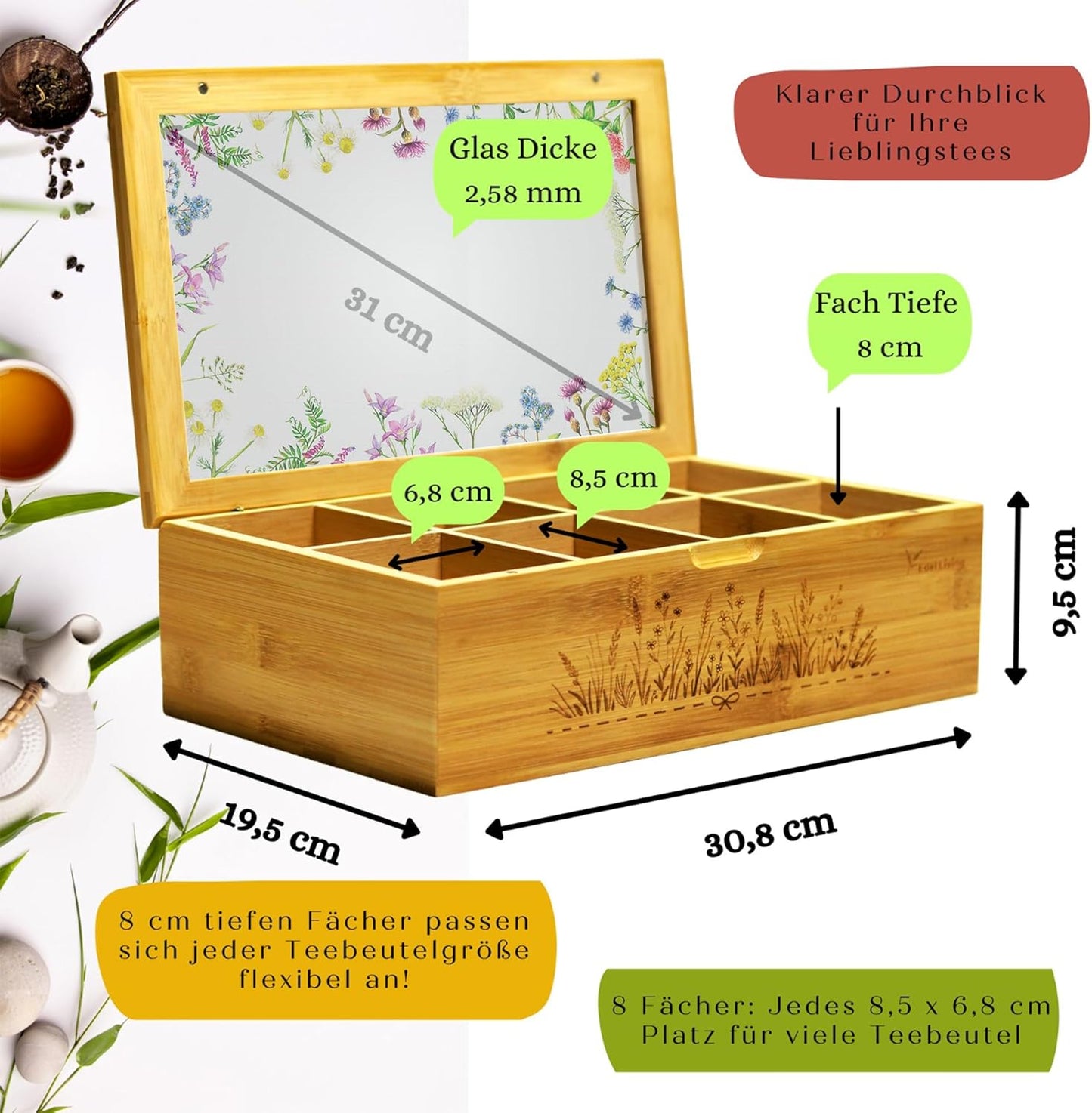 Premium Teebox mit 8 Fächern & Fenster, Mattem Wiesenwildblumen