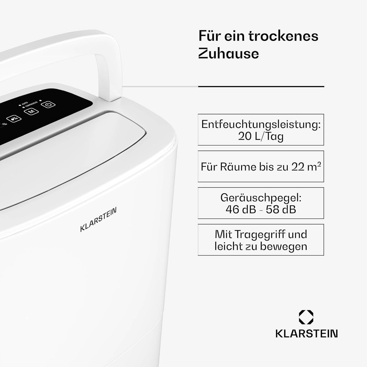 Luftentfeuchter mit Auto-Swing & Timer, 20 L Weiss