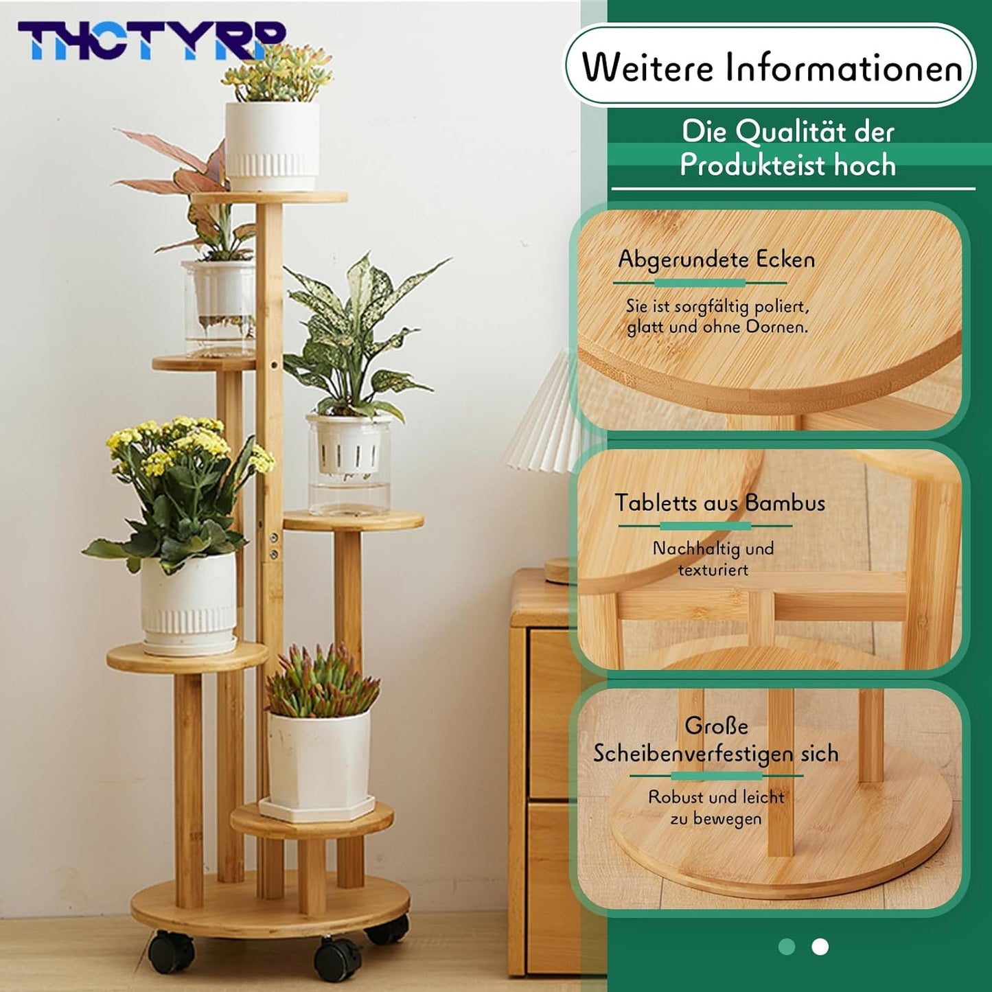 5-stöckiger Blumenständer mit Rädern, fünfter Stock Holzfarbe