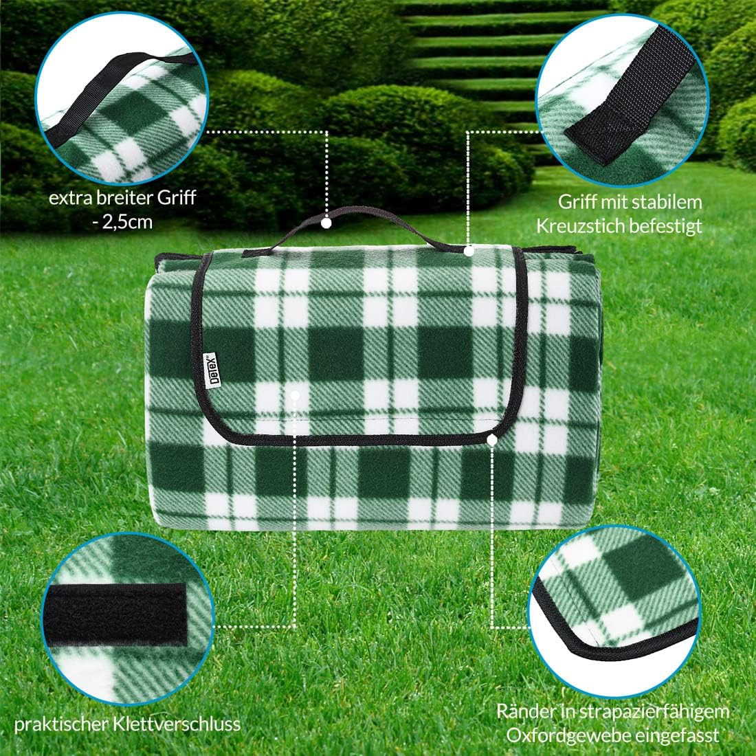 Picknickdecke XXL 200x200 cm wasserdicht und faltbar, 200 x 200 cm (Quadratisch) Kariert