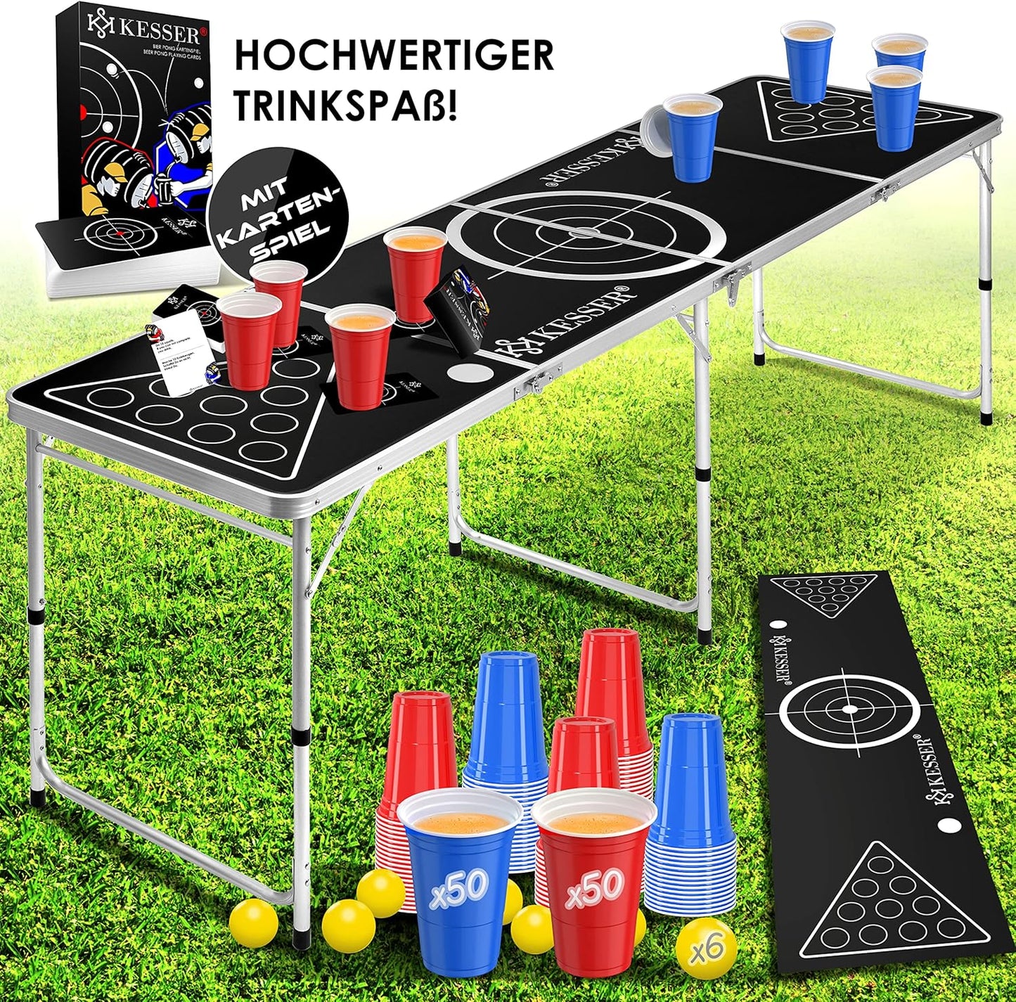 Bier Pong Tisch Set Classic mit Kartenspiel und Zubehör, Classic + Kartenspiel