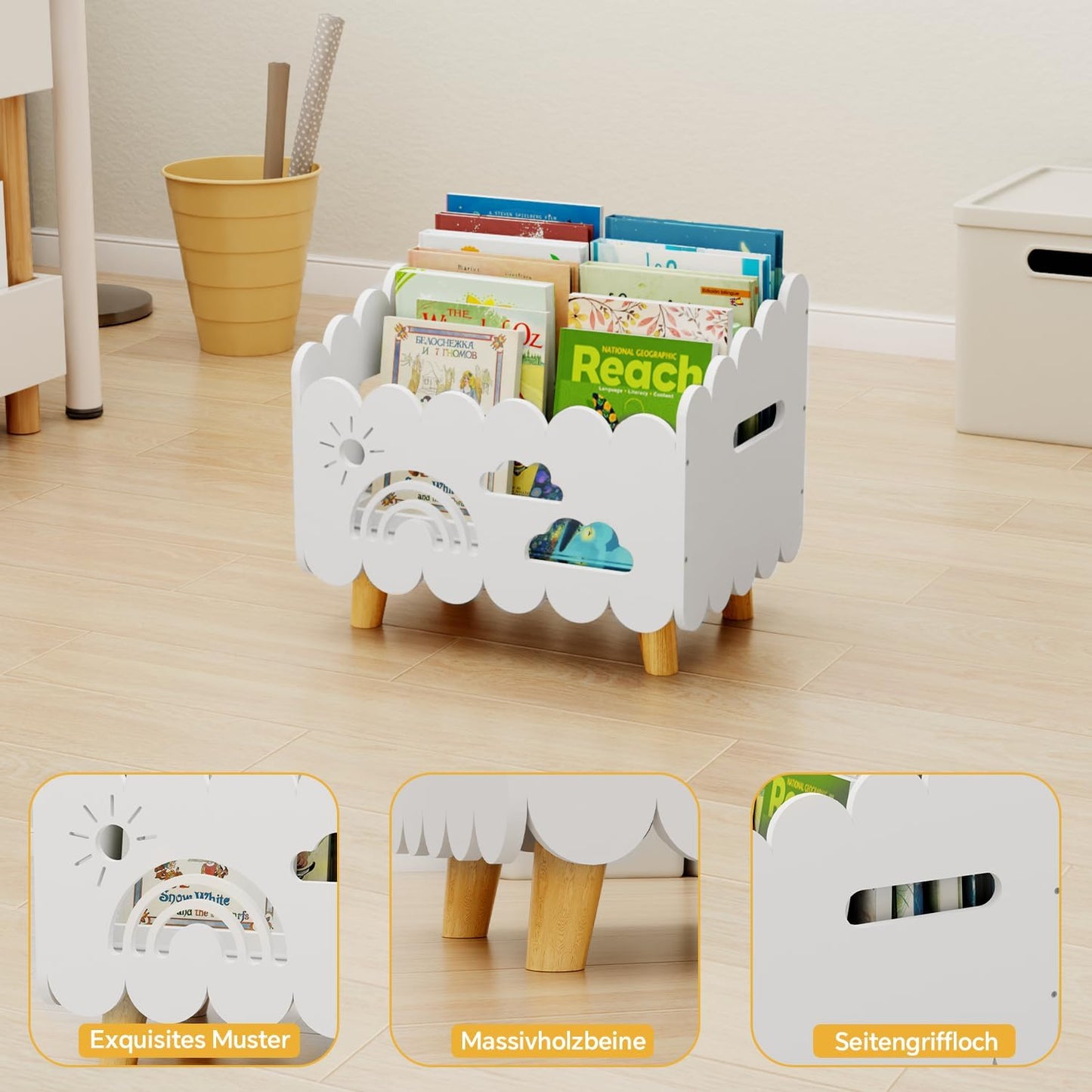 Kinder Bücherregal aus Holz für Leseecke, Weiss - Standard (Stationär)