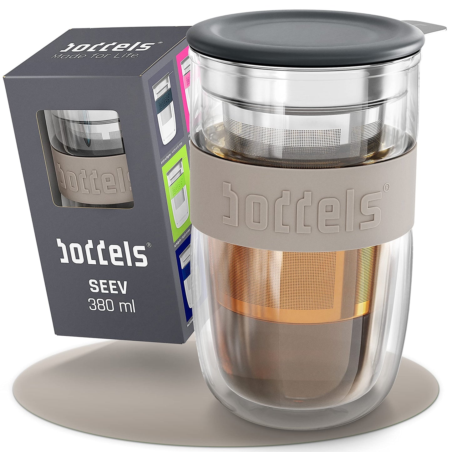Doppelwandiger Teebecher mit Edelstahl-Sieb, 380ml, Taupe