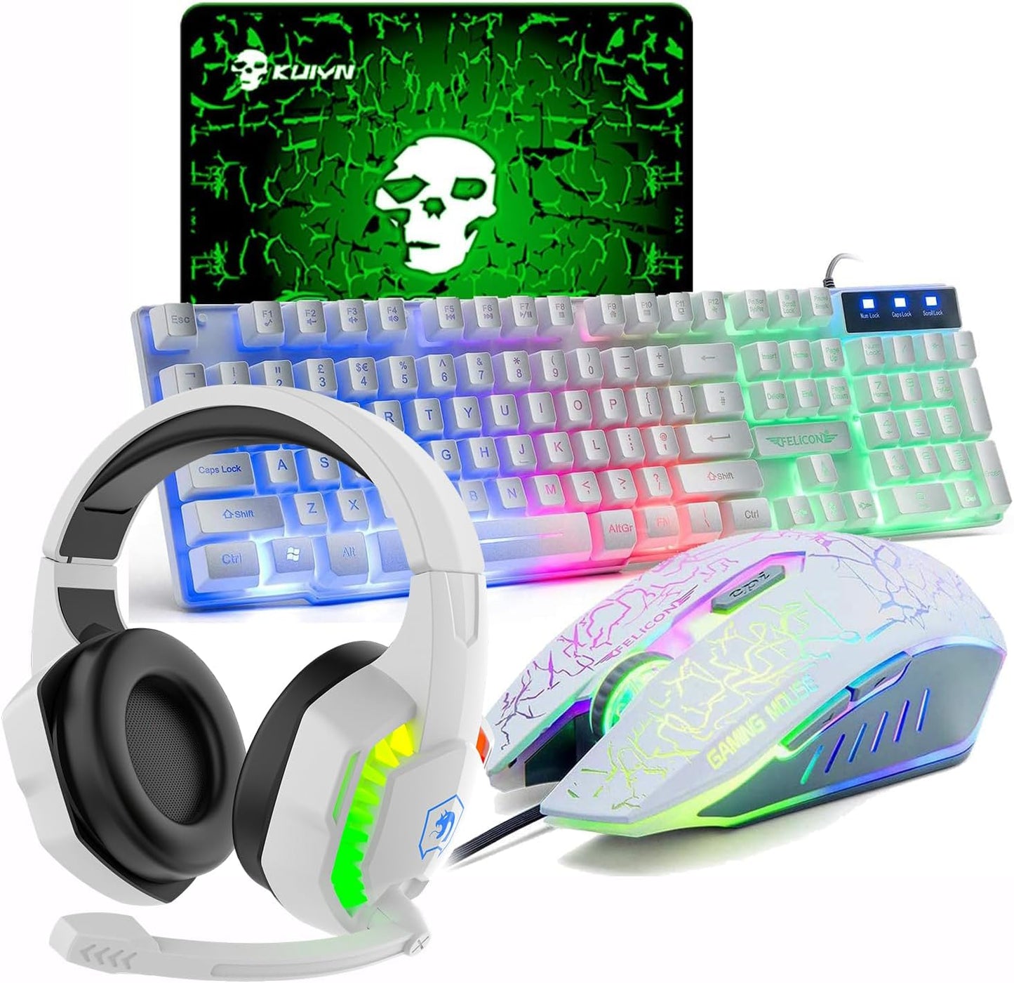 4-in-1 Gaming-Set mit Tastatur, Maus, Mauspad und Headset, With Headset-White