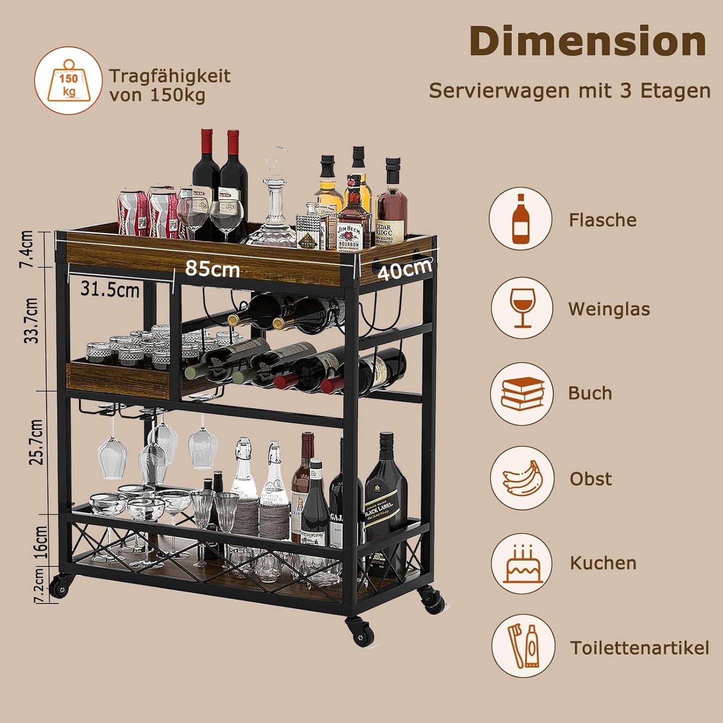 Mobiler Servierwagen mit abnehmbarem Tablett, 85x40x90 CM