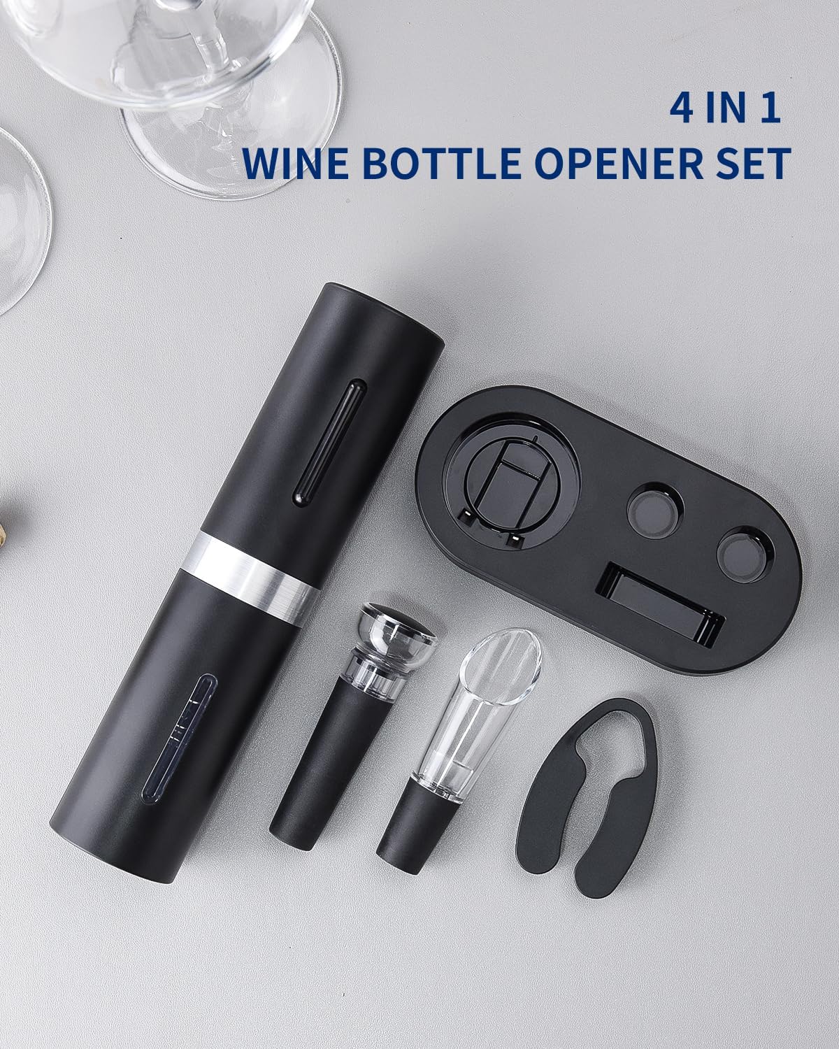 Elektrischer Korkenzieher mit Folienschneider und Weinausgiesser, 5-in-1 Wiederaufladbares Weinset mit Basis - Schwarz
