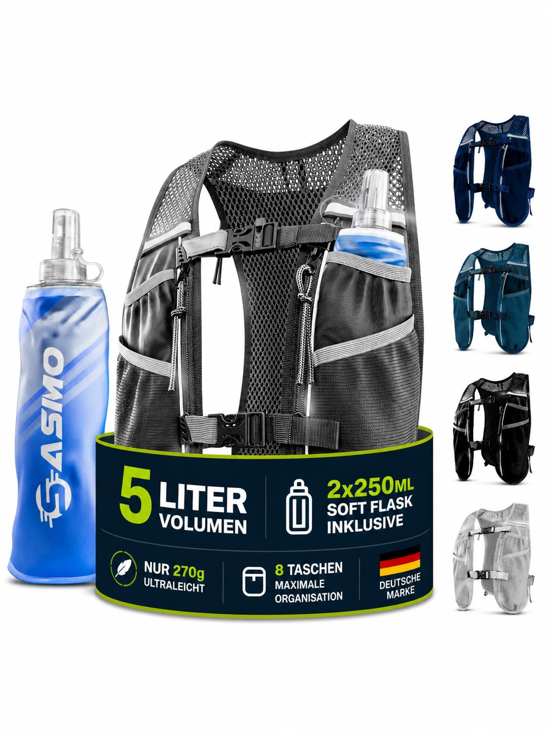 Trinkweste mit 8 Taschen, 5L - grau - mit 2x250ml 5L