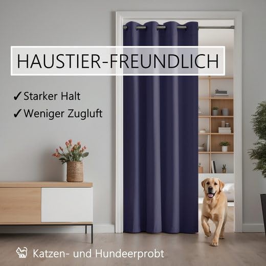 Türvorhang mit Teleskopstange, H200 x B150 cm (1er Pack) Türvorhang Dunkelblau + Stange Silber