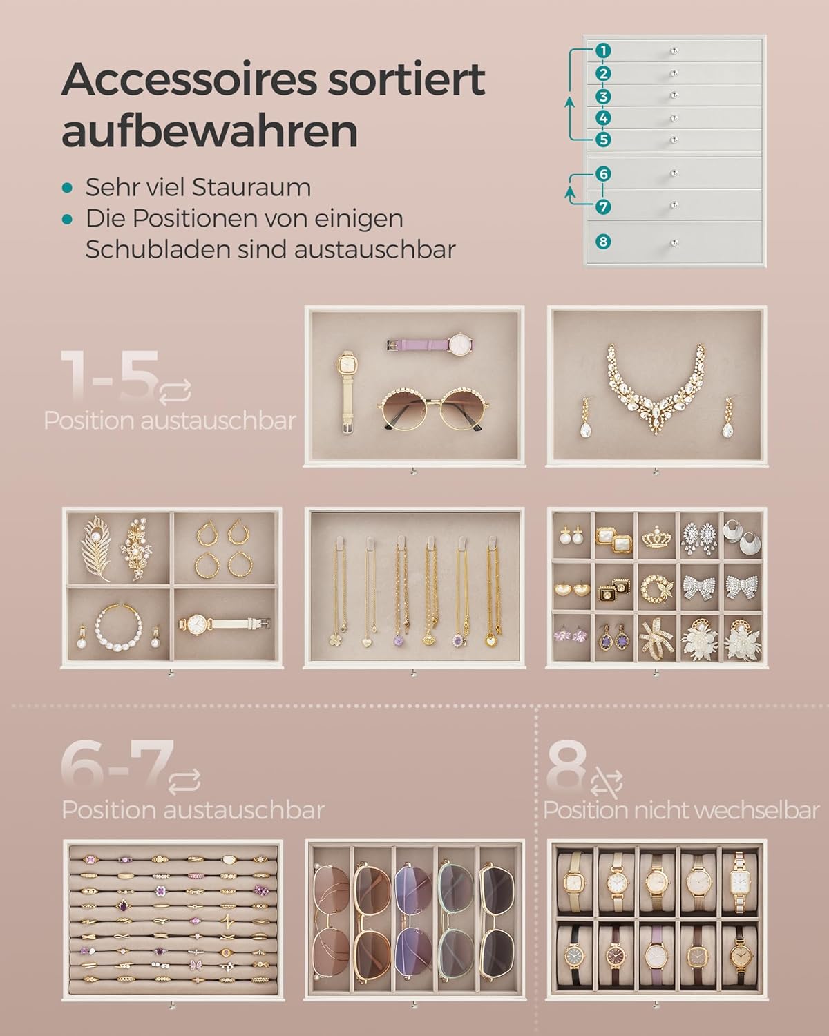 Geräumiger Schmuckkasten mit 8 Schubladen, 8 ebenen, Weiss