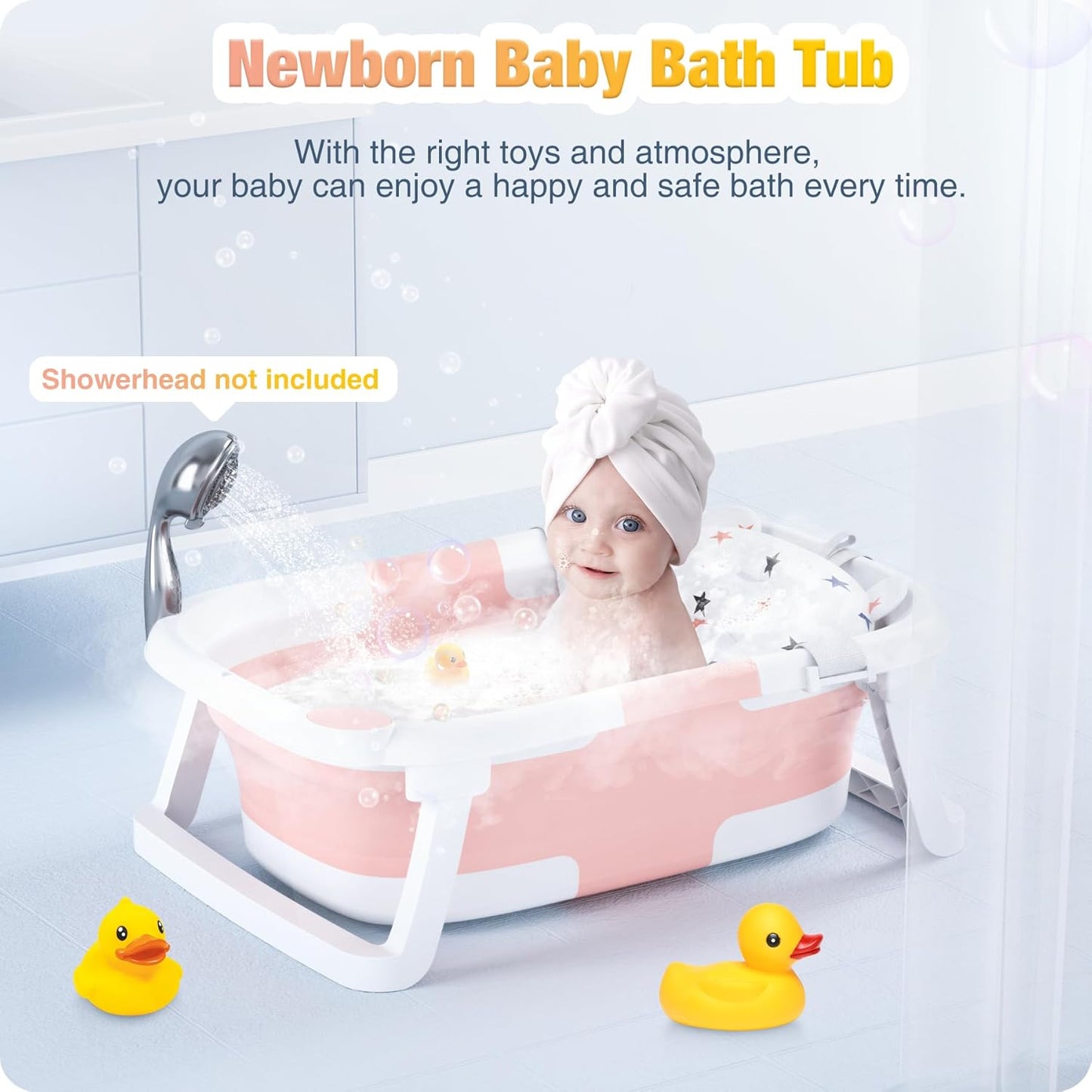 Faltbare Babybadewanne mit Rutschmatte und Abflussloch, Rosa