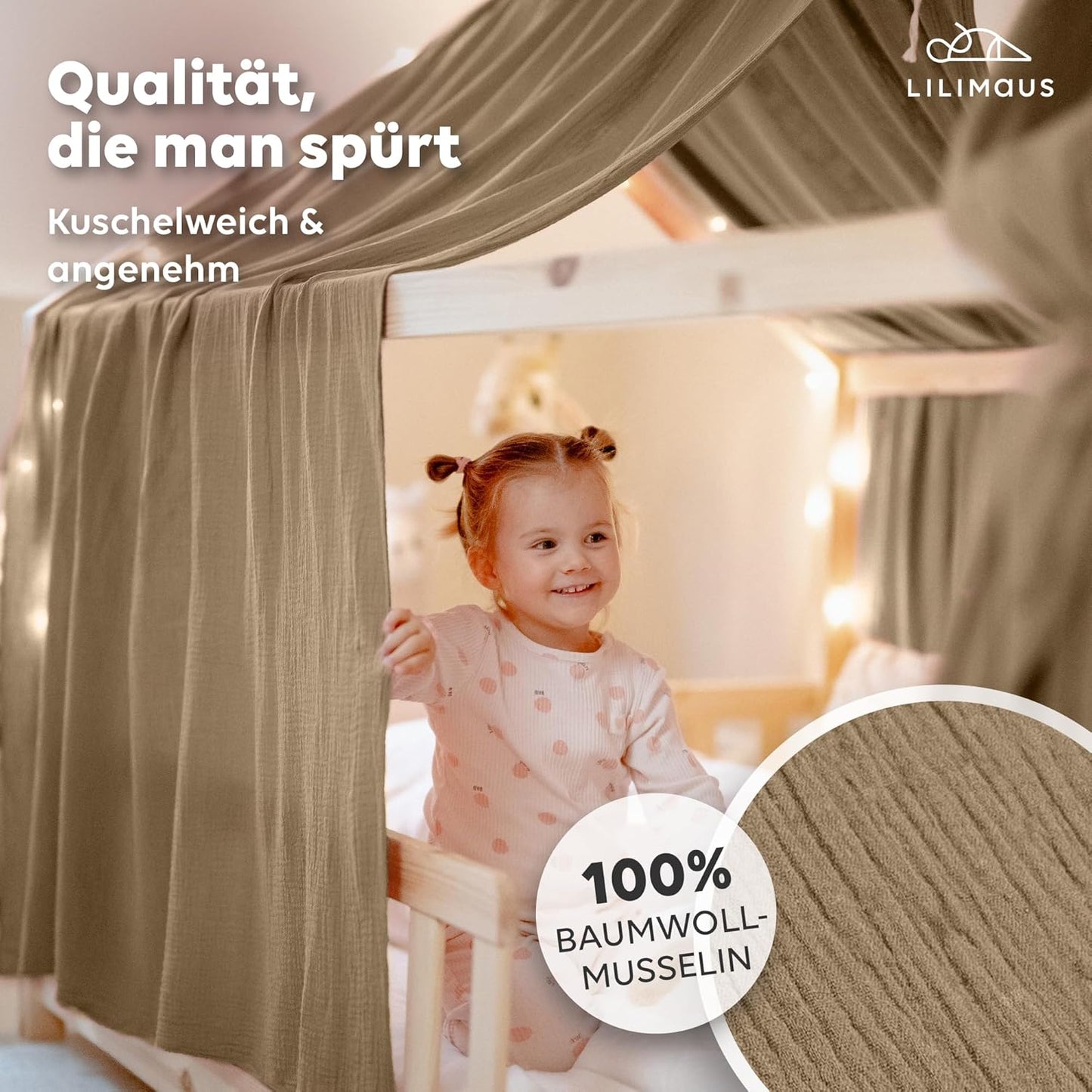 Betthimmel aus Musselin, Dunkelbeige 2er Set 67 x 320cm