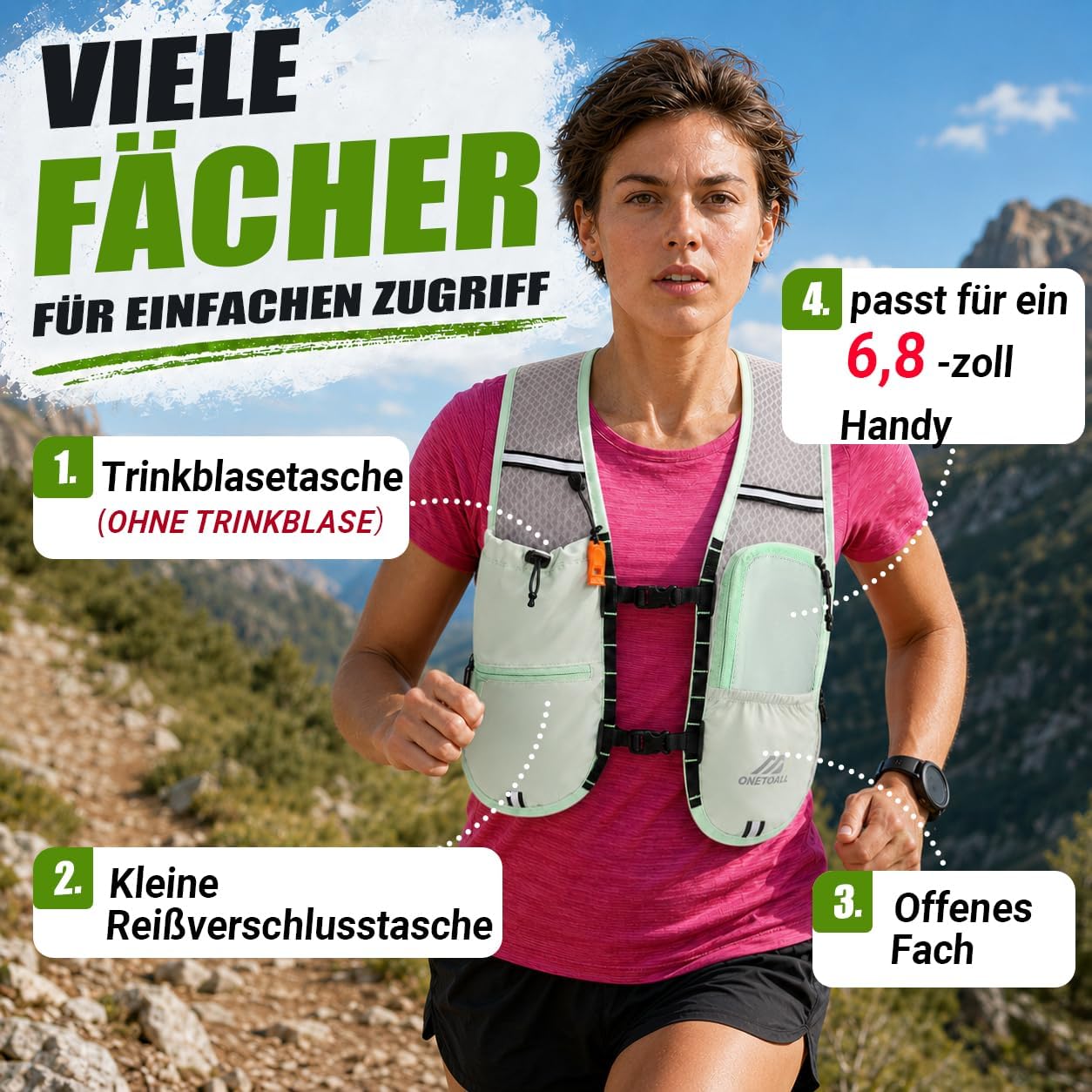 Trinkweste mit Trinkflasche und Trinkblase, hellgrün mit 2L Trinkblase