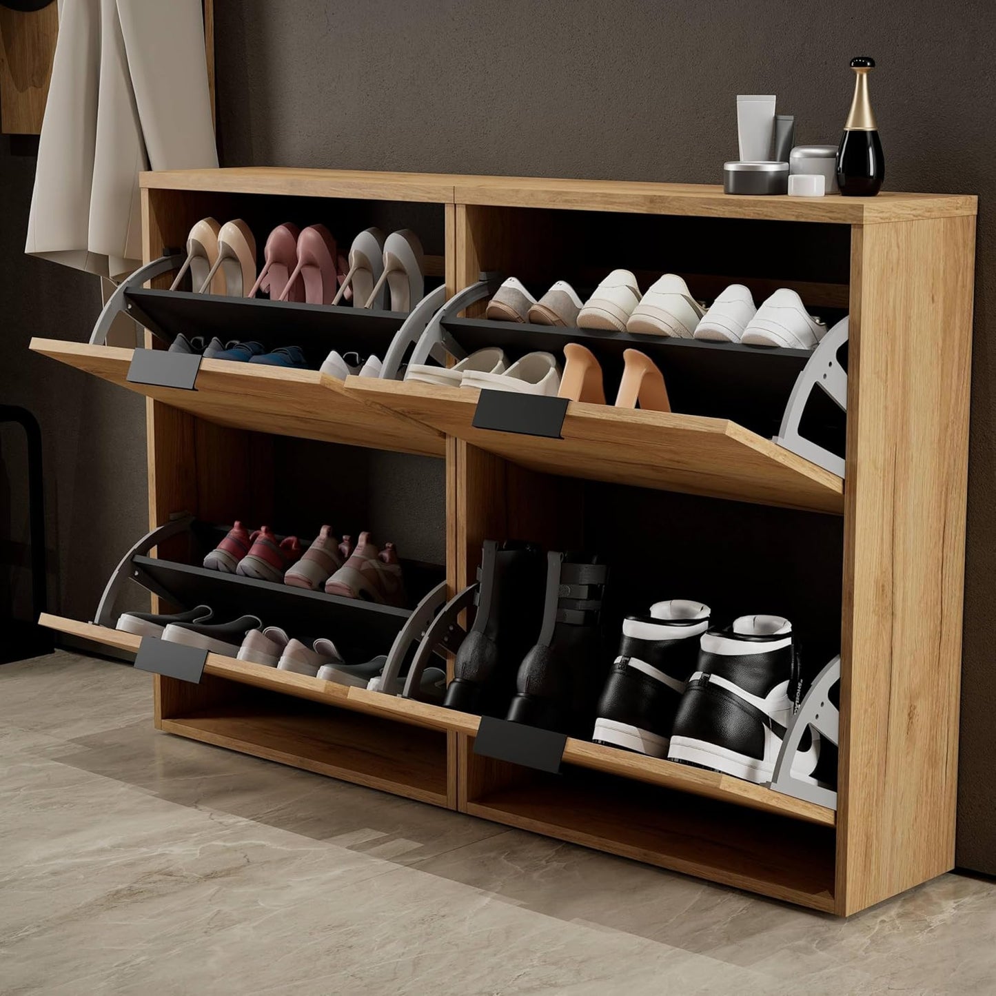 Schuhschrank-Set mit Klappen (4 Ablagen), 2x 2 Klappen Gold Eiche