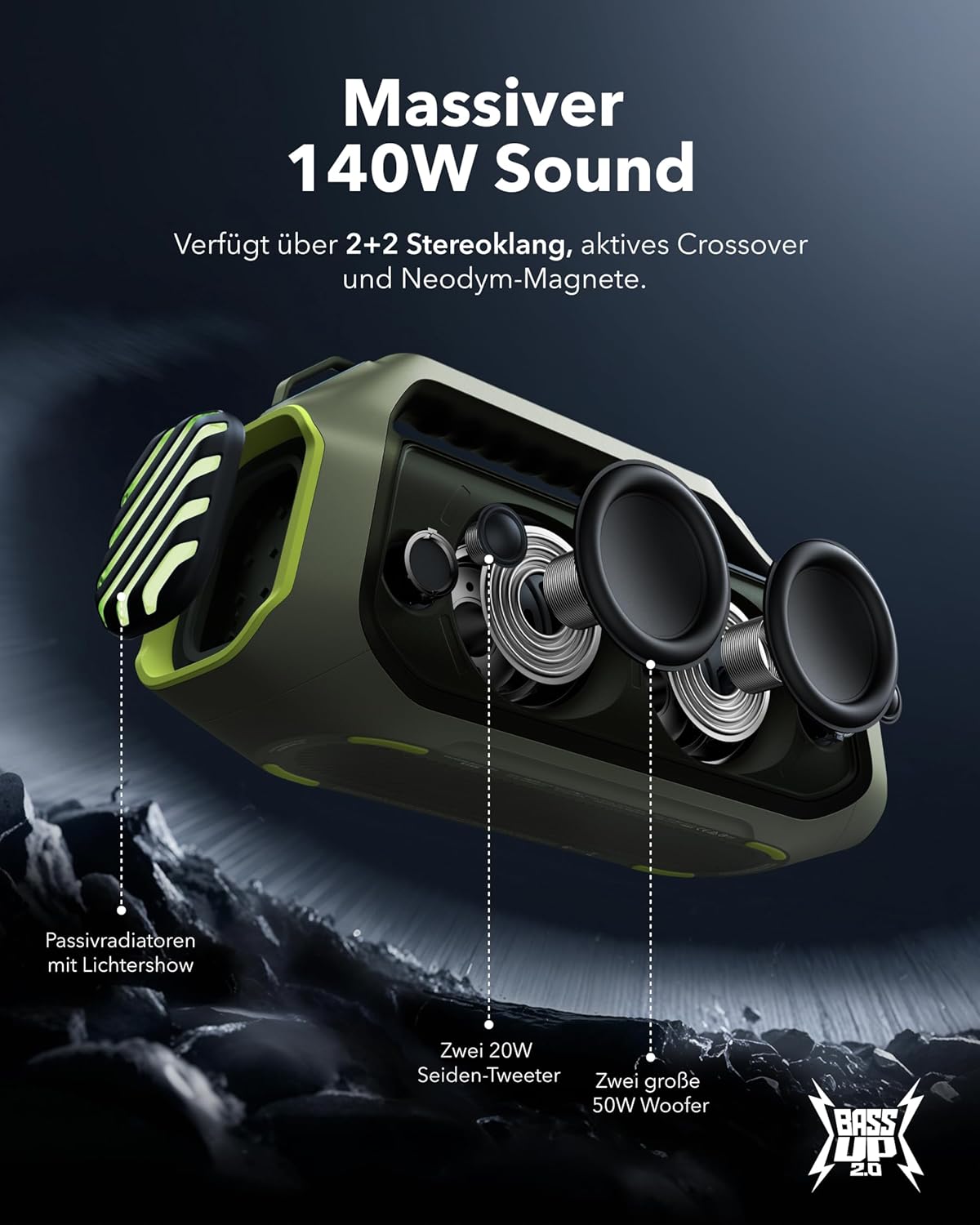 Boom 2 Plus Outdoor Bluetooth Lautsprecher, 140W, wasserdicht, green