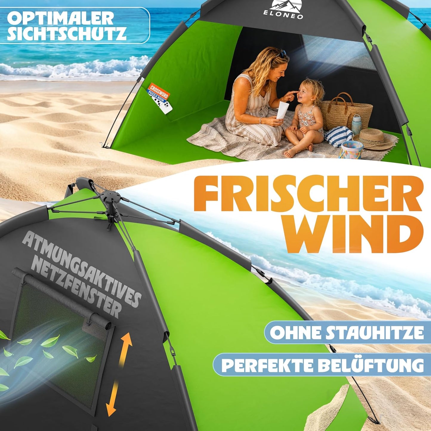Pop Up Strandmuschel UV Schutz 80+, Grün 220 x 150 x 130 cm